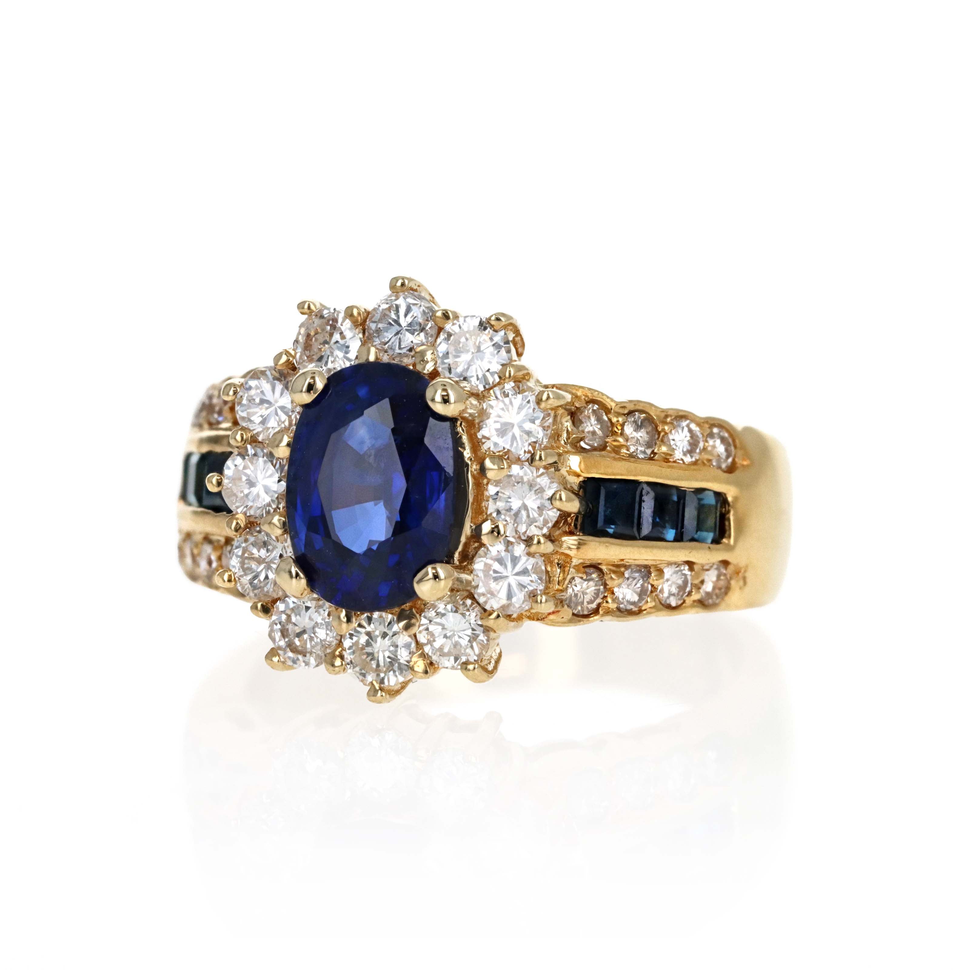 18K Yellow Gold 1.97 Carat Oval Sapphire Diamond Halo Ring - Queen May