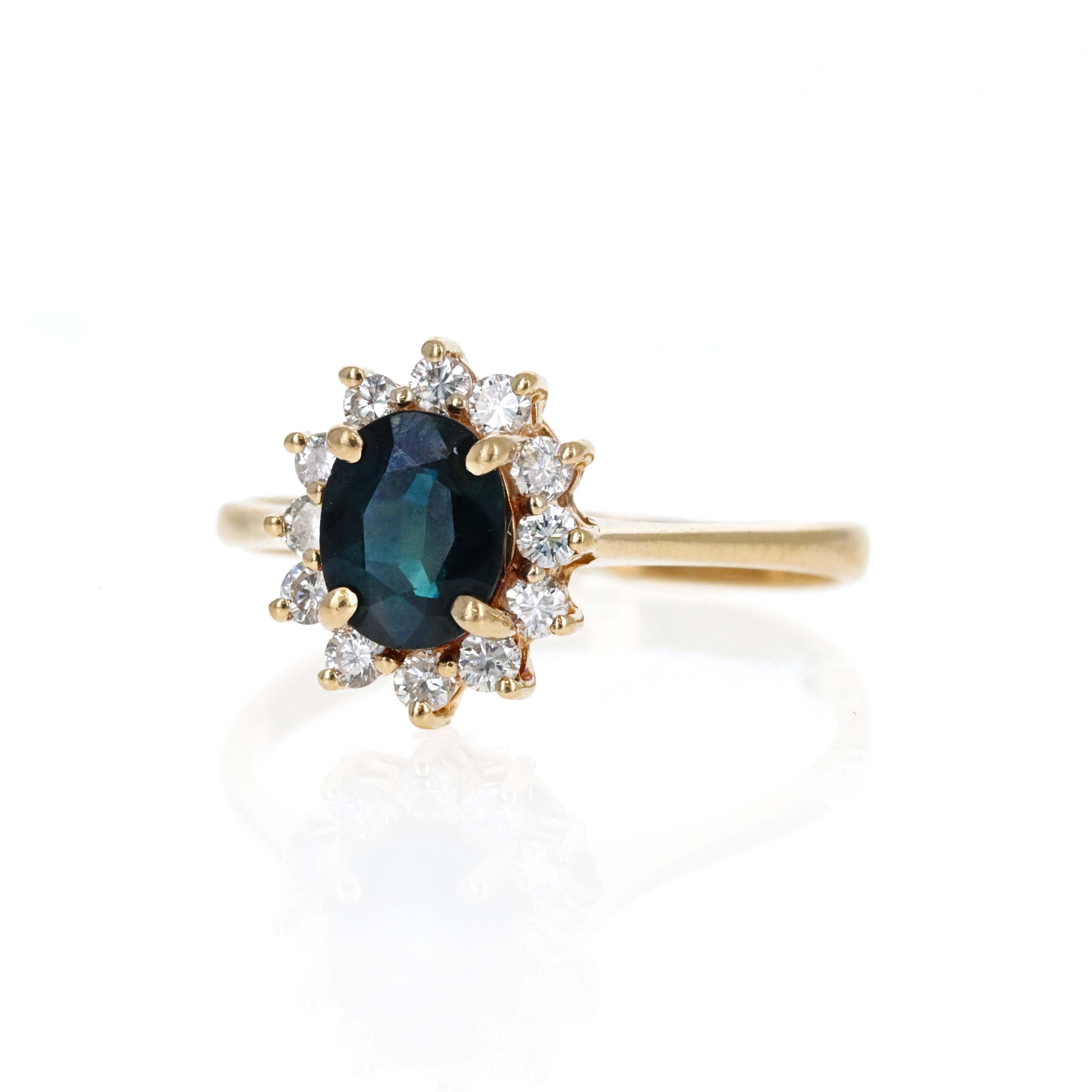 14K Yellow Gold 1 Carat Oval Sapphire Diamond Halo Ring - Queen May