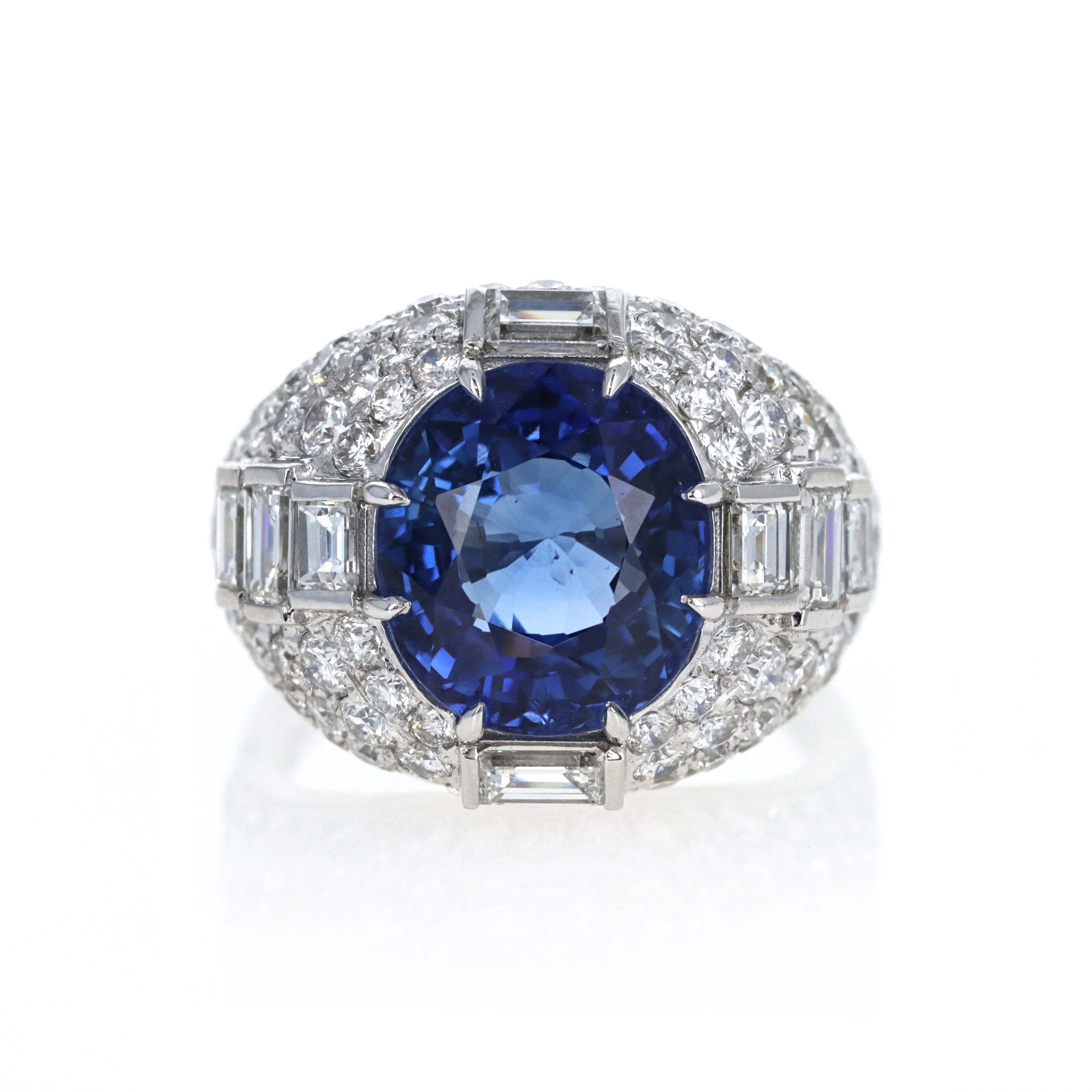 Platinum 8.13 Carat Oval Ceylon Sapphire Diamond Baguette Pave Ring - Queen May