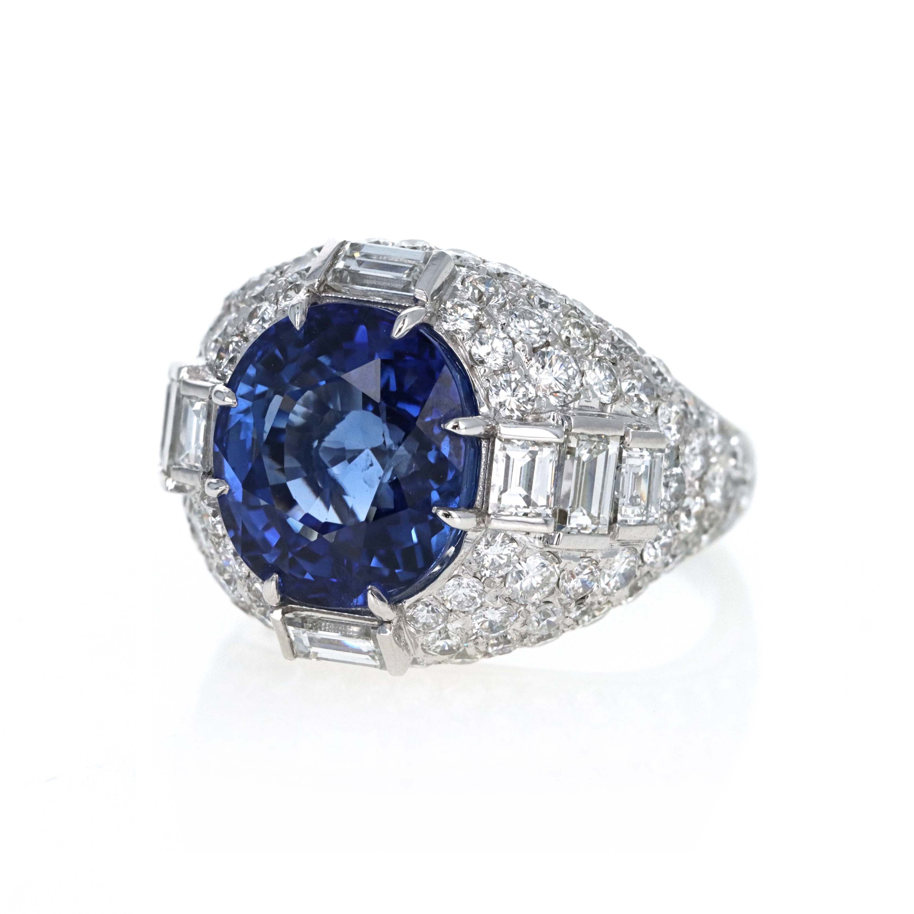 Platinum 8.13 Carat Oval Ceylon Sapphire Diamond Baguette Pave Ring - Queen May