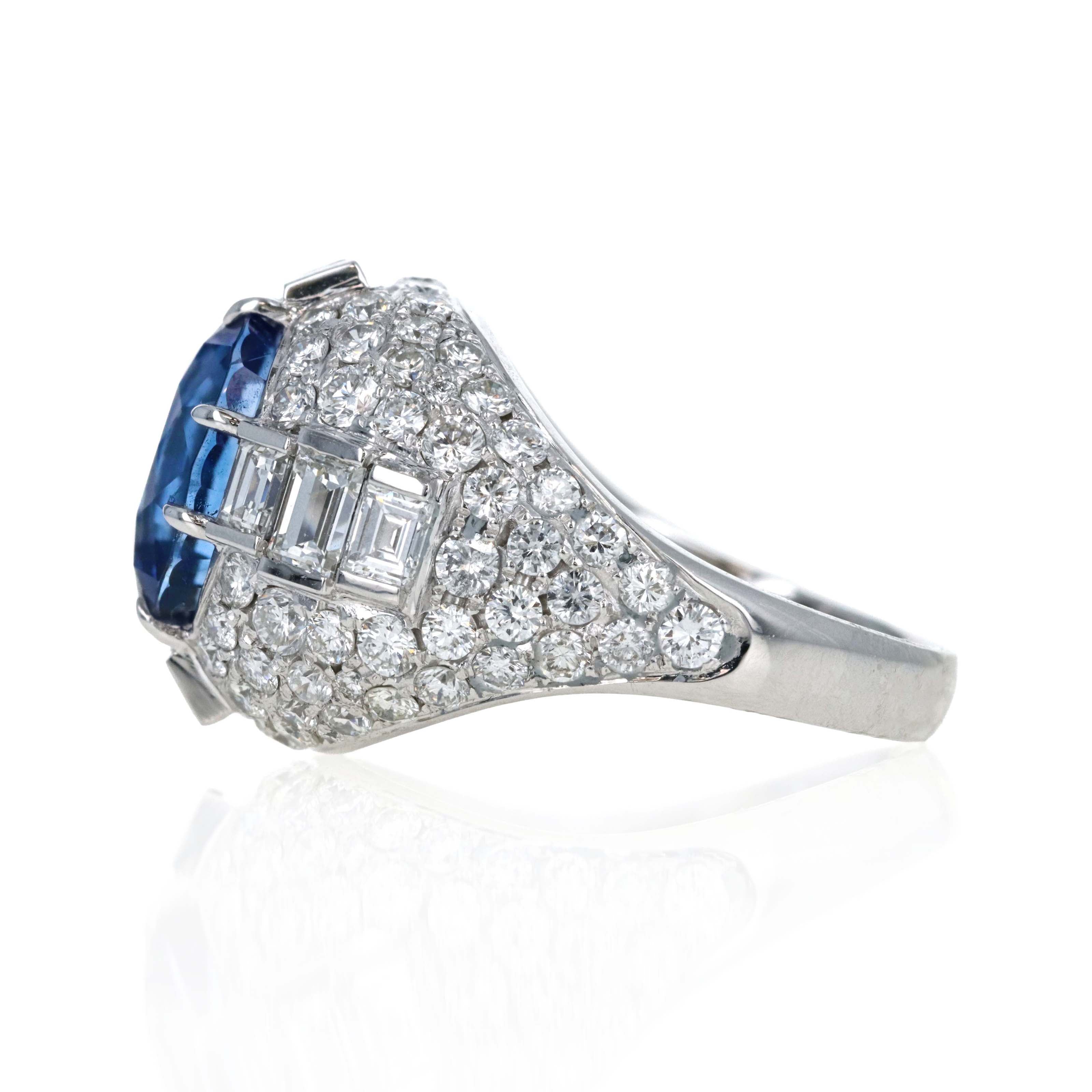 Platinum 8.13 Carat Oval Ceylon Sapphire Diamond Baguette Pave Ring - Queen May