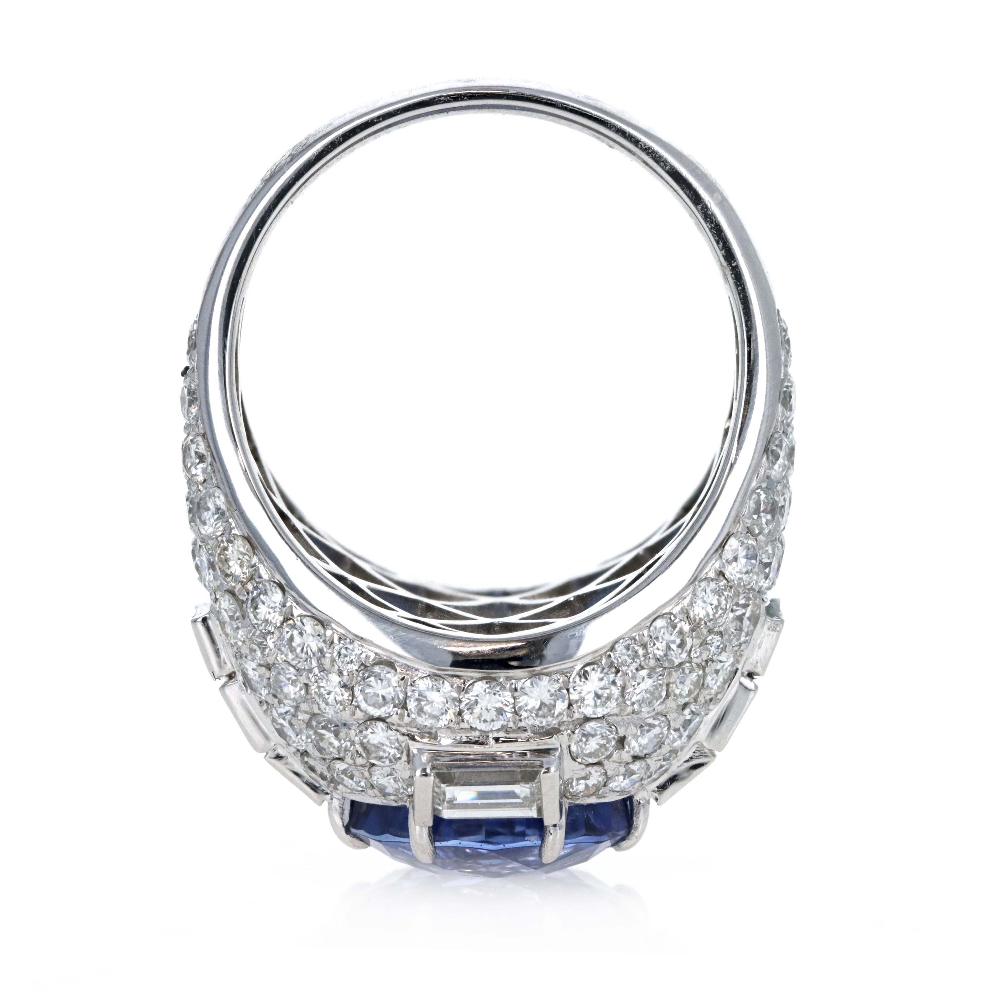 Platinum 8.13 Carat Oval Ceylon Sapphire Diamond Baguette Pave Ring - Queen May