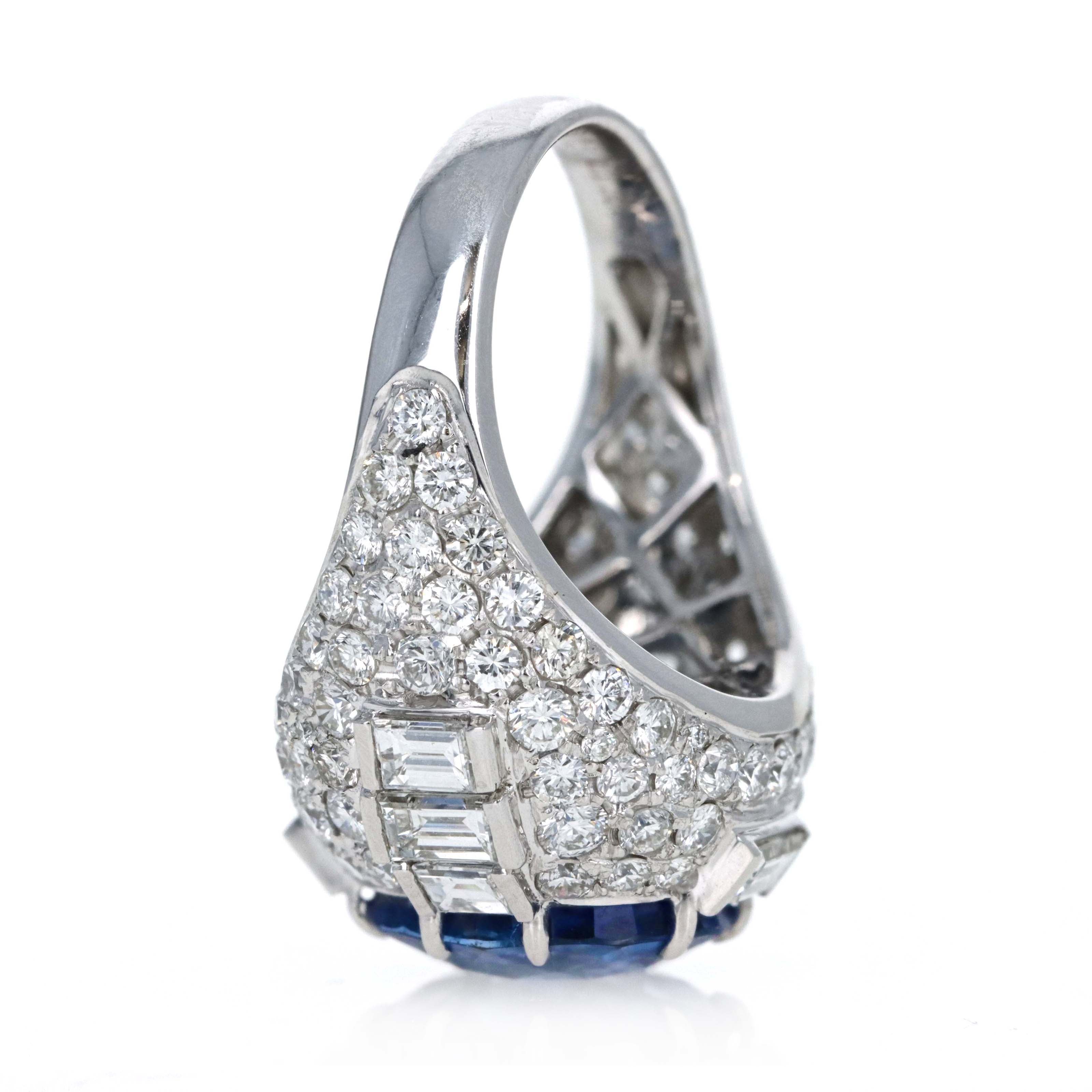 Platinum 8.13 Carat Oval Ceylon Sapphire Diamond Baguette Pave Ring - Queen May