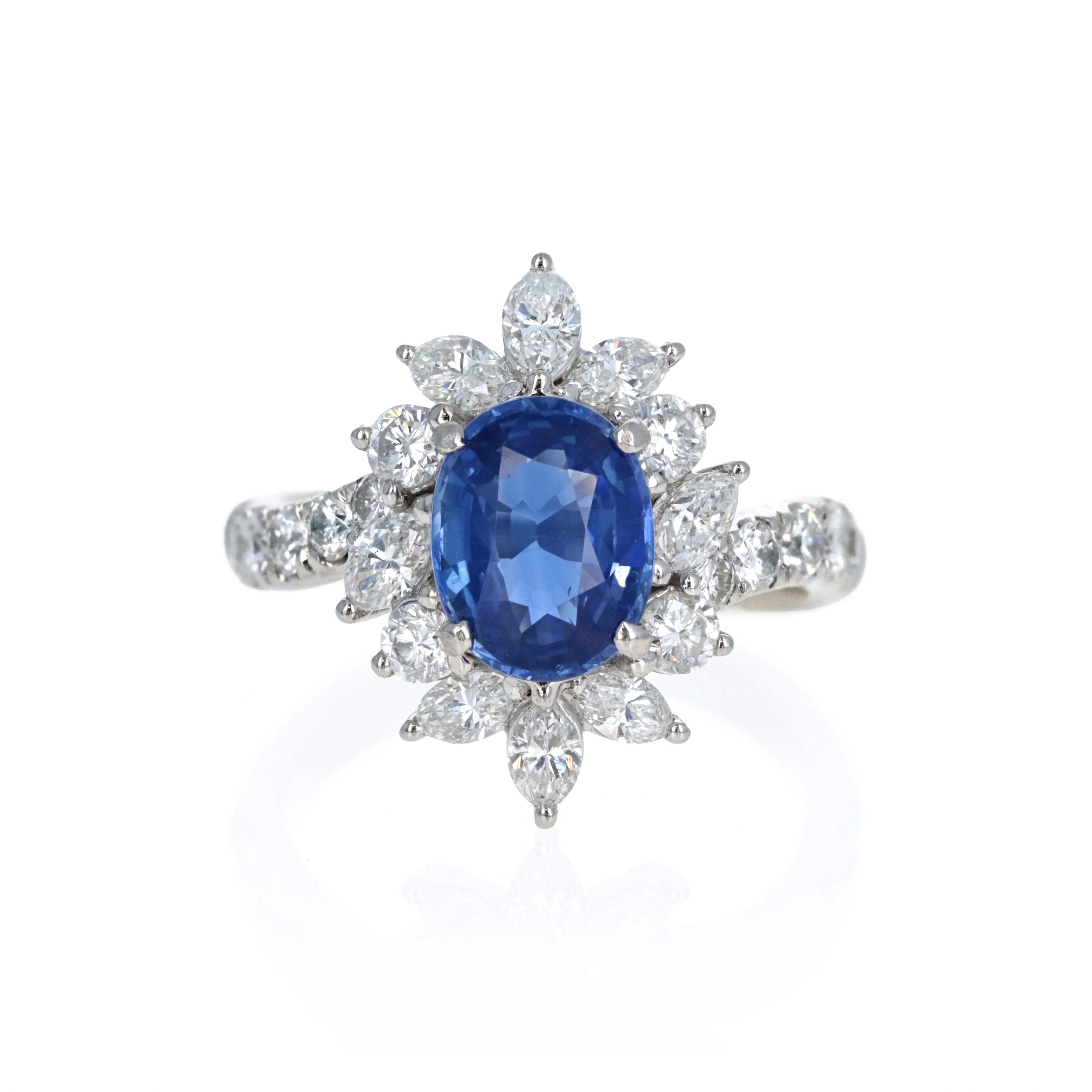 Platinum 2.13 Carat Oval Ceylon Sapphire Diamond Marquise Halo Ring - Queen May