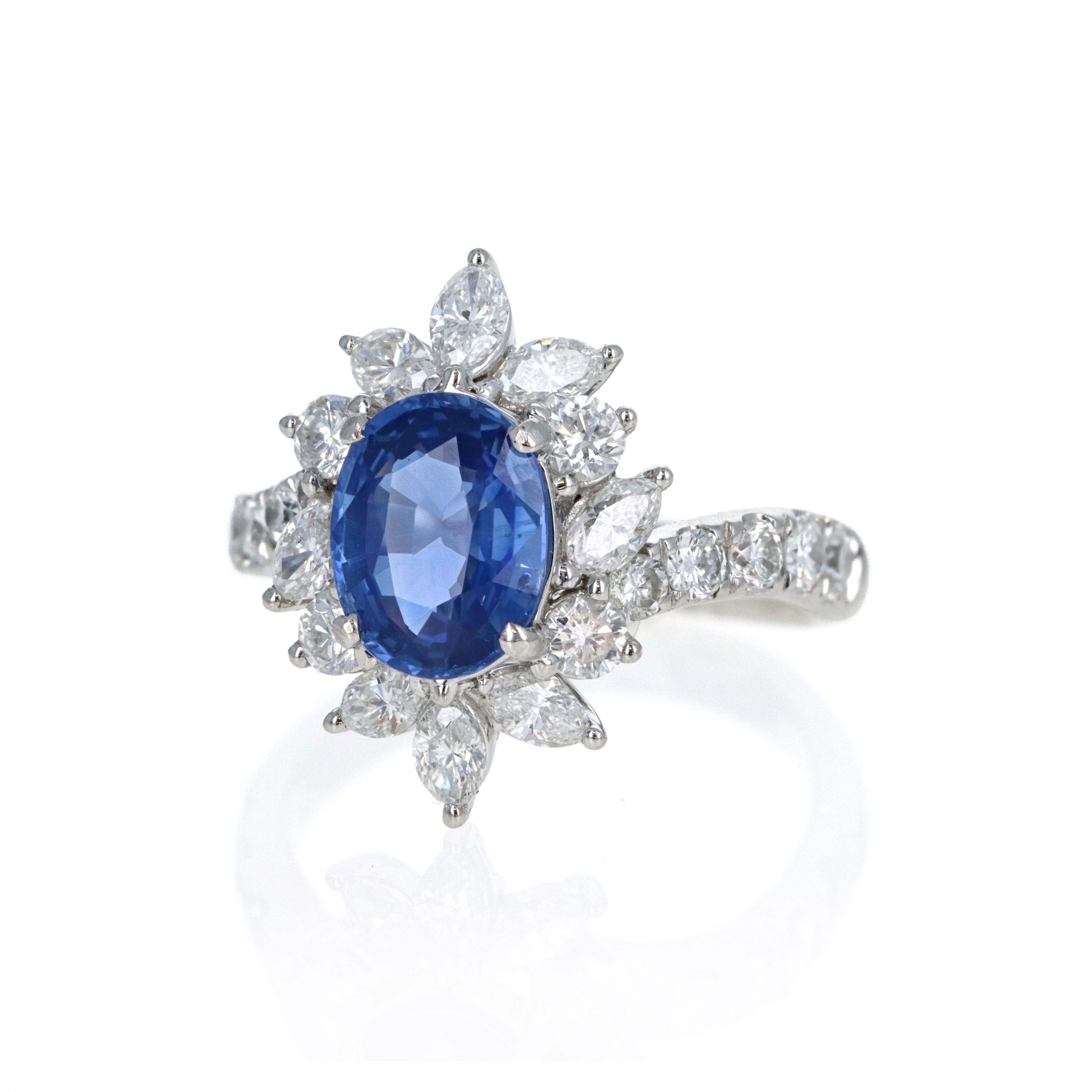 Platinum 2.13 Carat Oval Ceylon Sapphire Diamond Marquise Halo Ring - Queen May