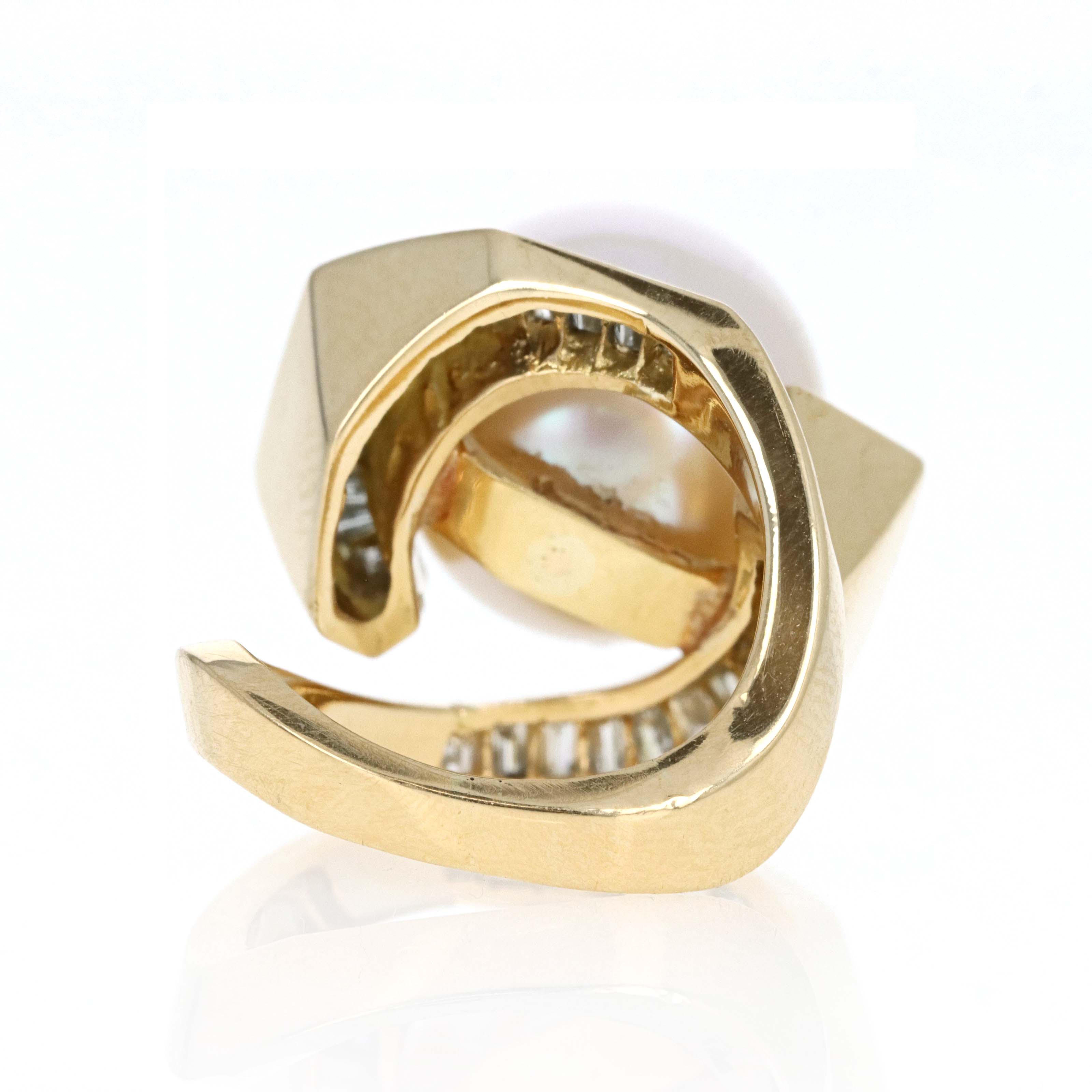 Vintage 18K Yellow Gold 14mm Pearl Diamond Swirl Ring