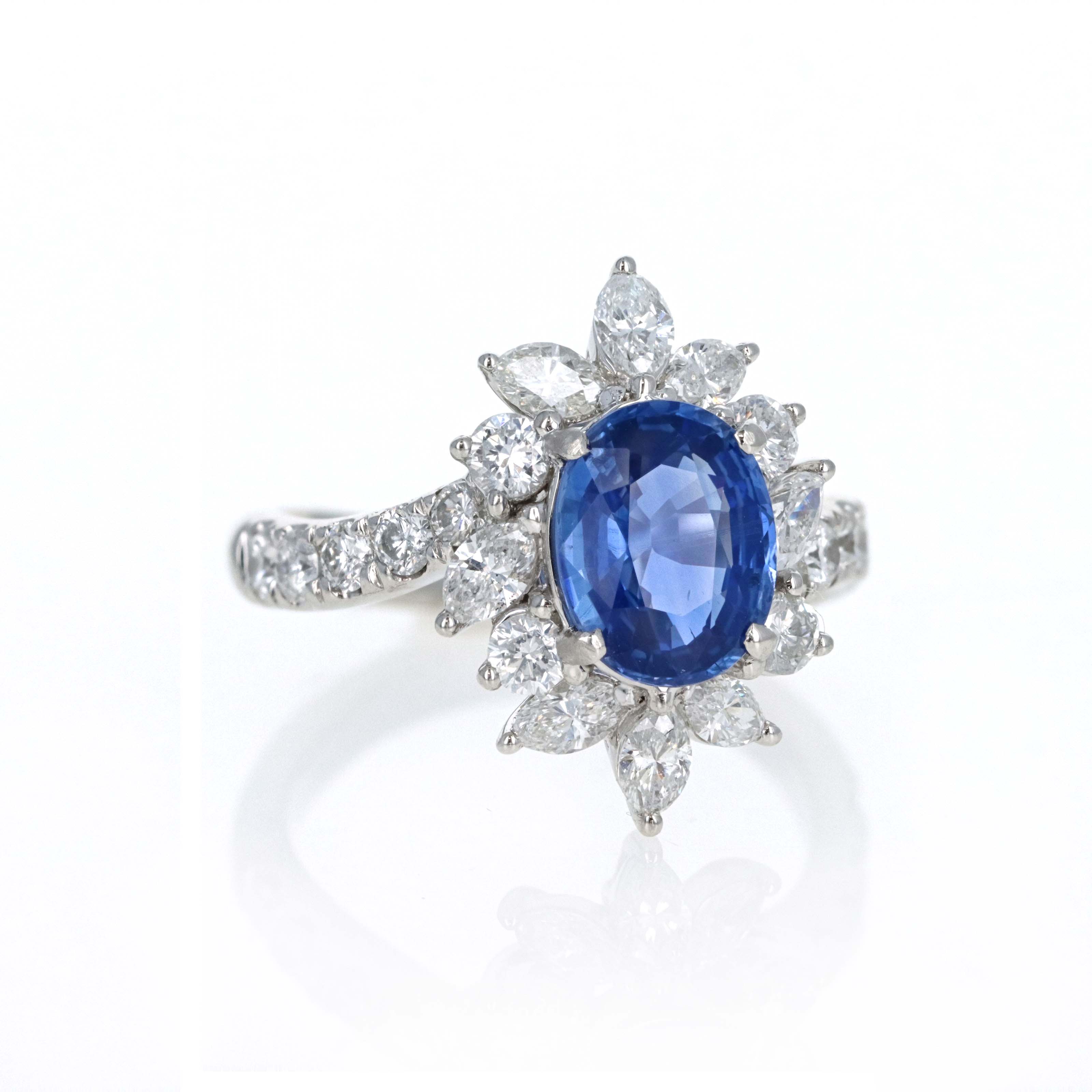 Platinum 2.13 Carat Oval Ceylon Sapphire Diamond Marquise Halo Ring - Queen May