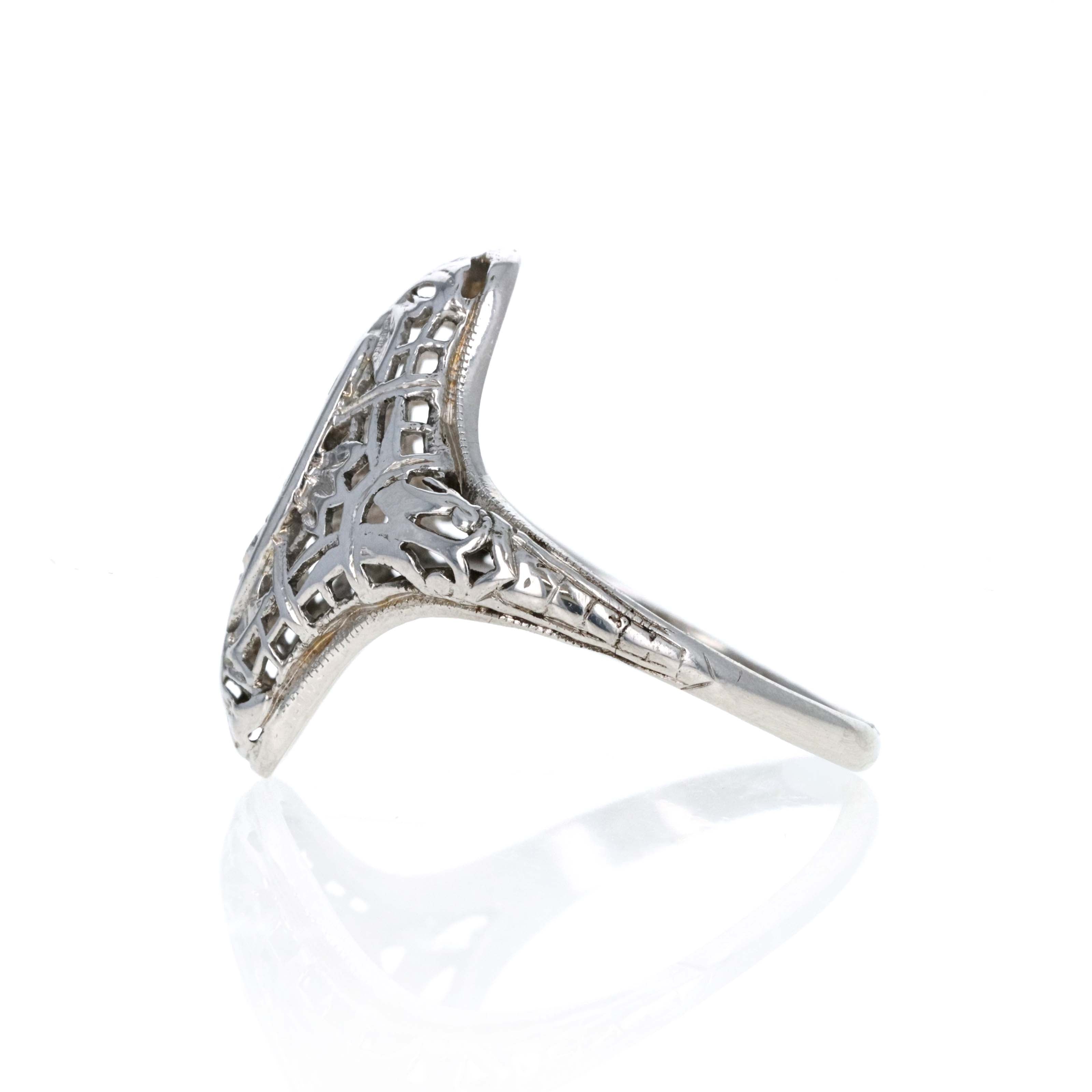 Art Deco 18K White Gold 0.15 Carat Single Cut Diamond Filigree Shield Ring