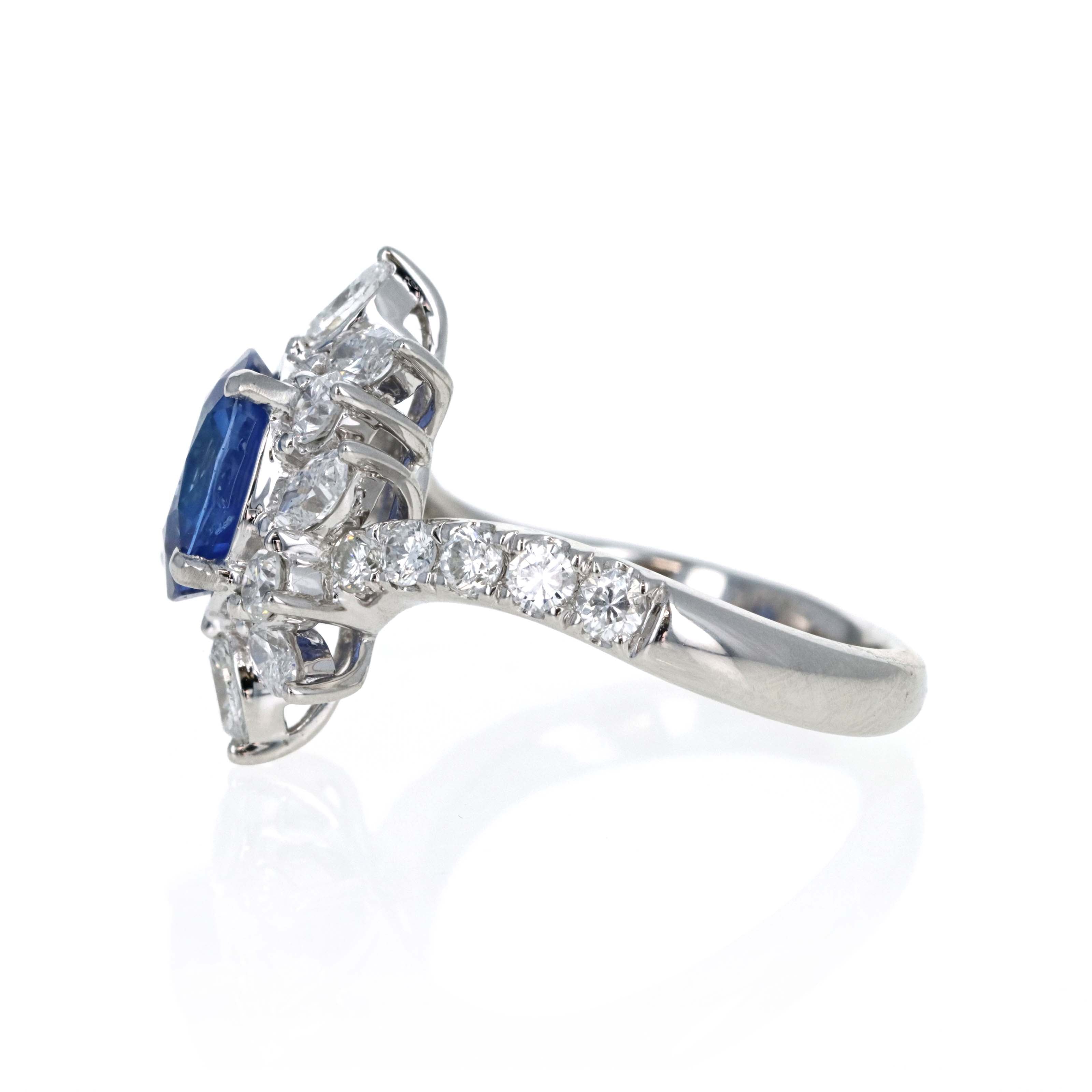 Platinum 2.13 Carat Oval Ceylon Sapphire Diamond Marquise Halo Ring - Queen May