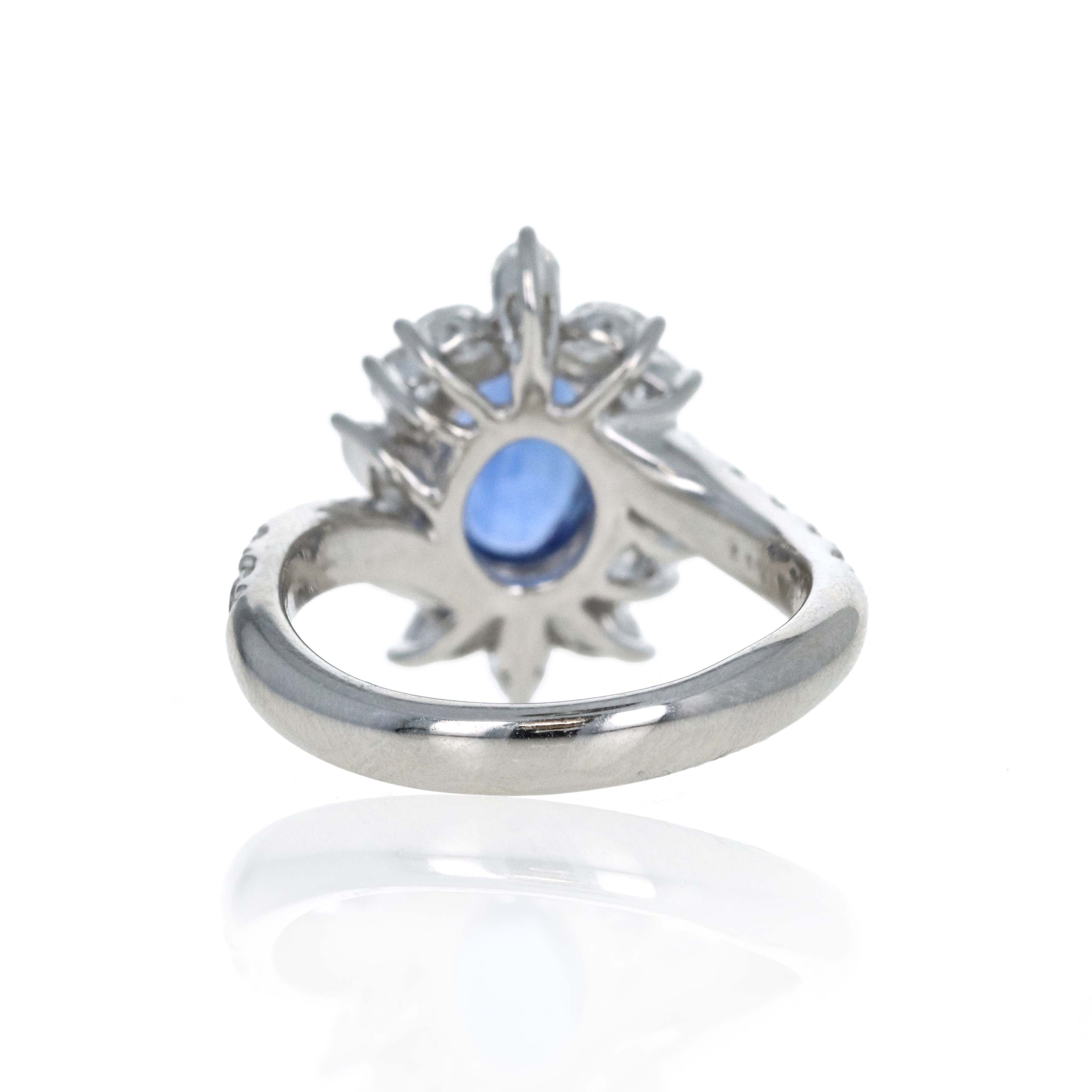 Platinum 2.13 Carat Oval Ceylon Sapphire Diamond Marquise Halo Ring - Queen May