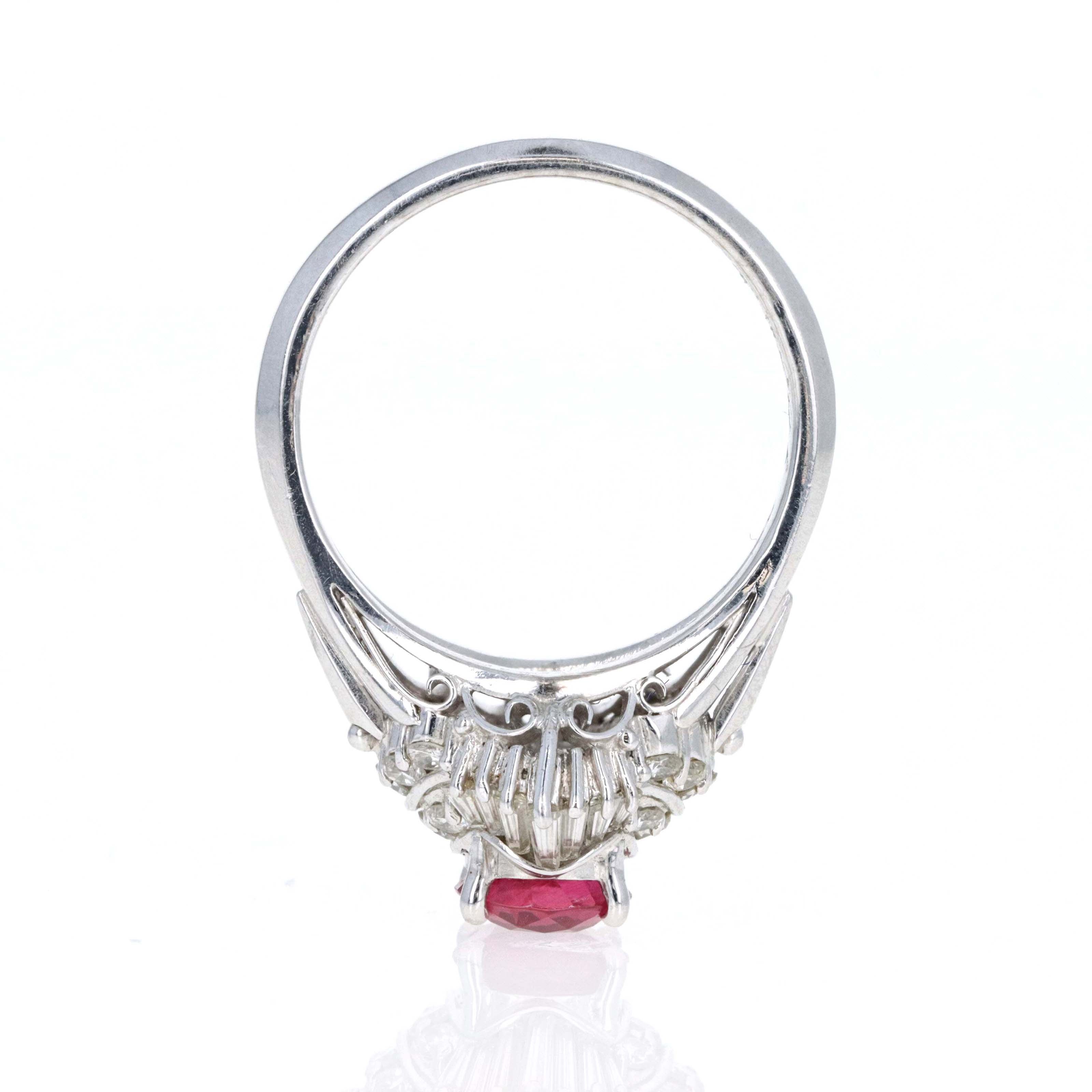 Platinum 1.03 Carat Oval Ruby Diamond Baguette Ballerina Fan Ring - Queen May
