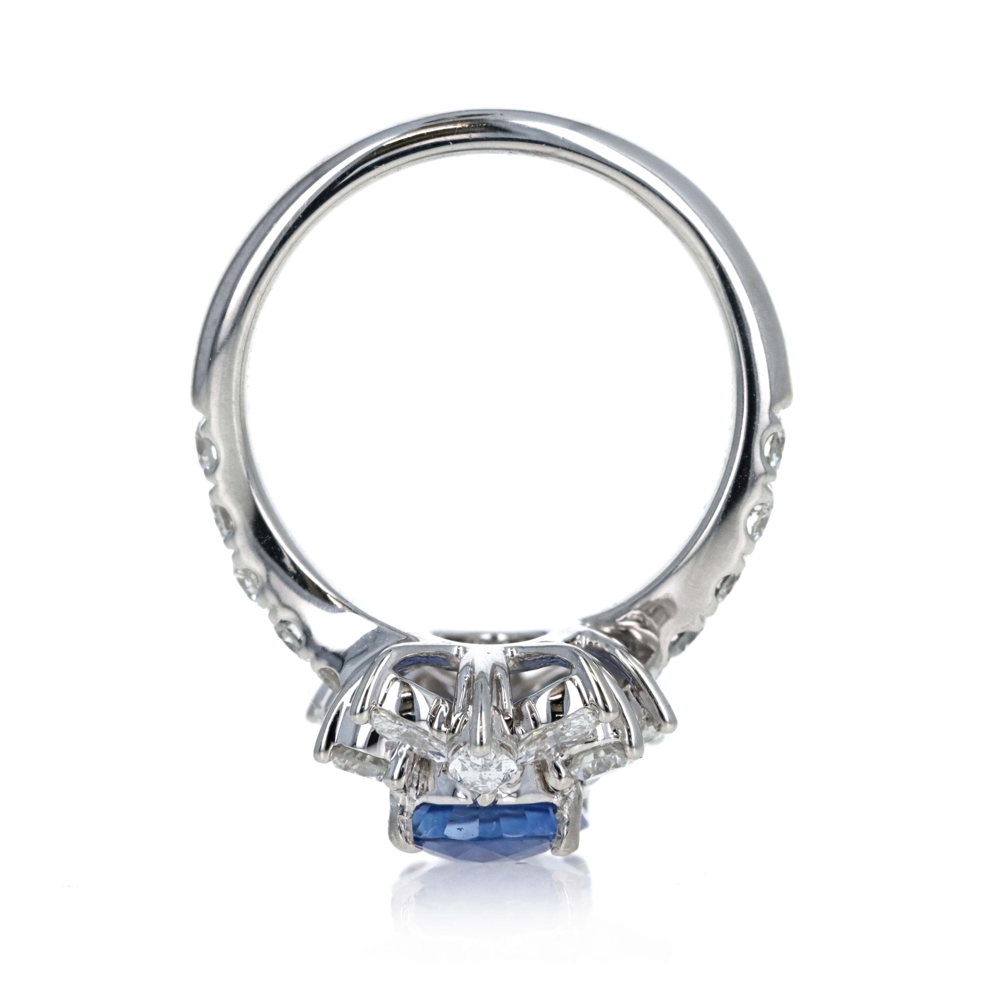 Platinum 2.13 Carat Oval Ceylon Sapphire Diamond Marquise Halo Ring - Queen May