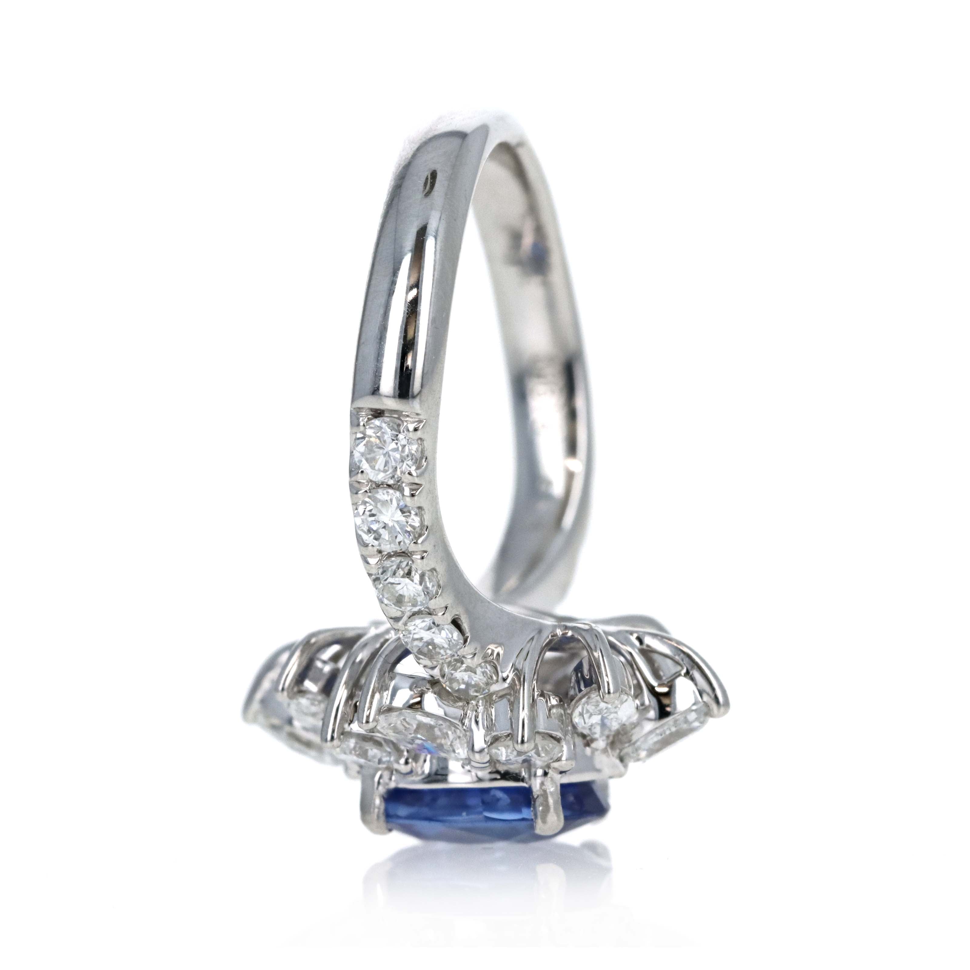 Platinum 2.13 Carat Oval Ceylon Sapphire Diamond Marquise Halo Ring - Queen May