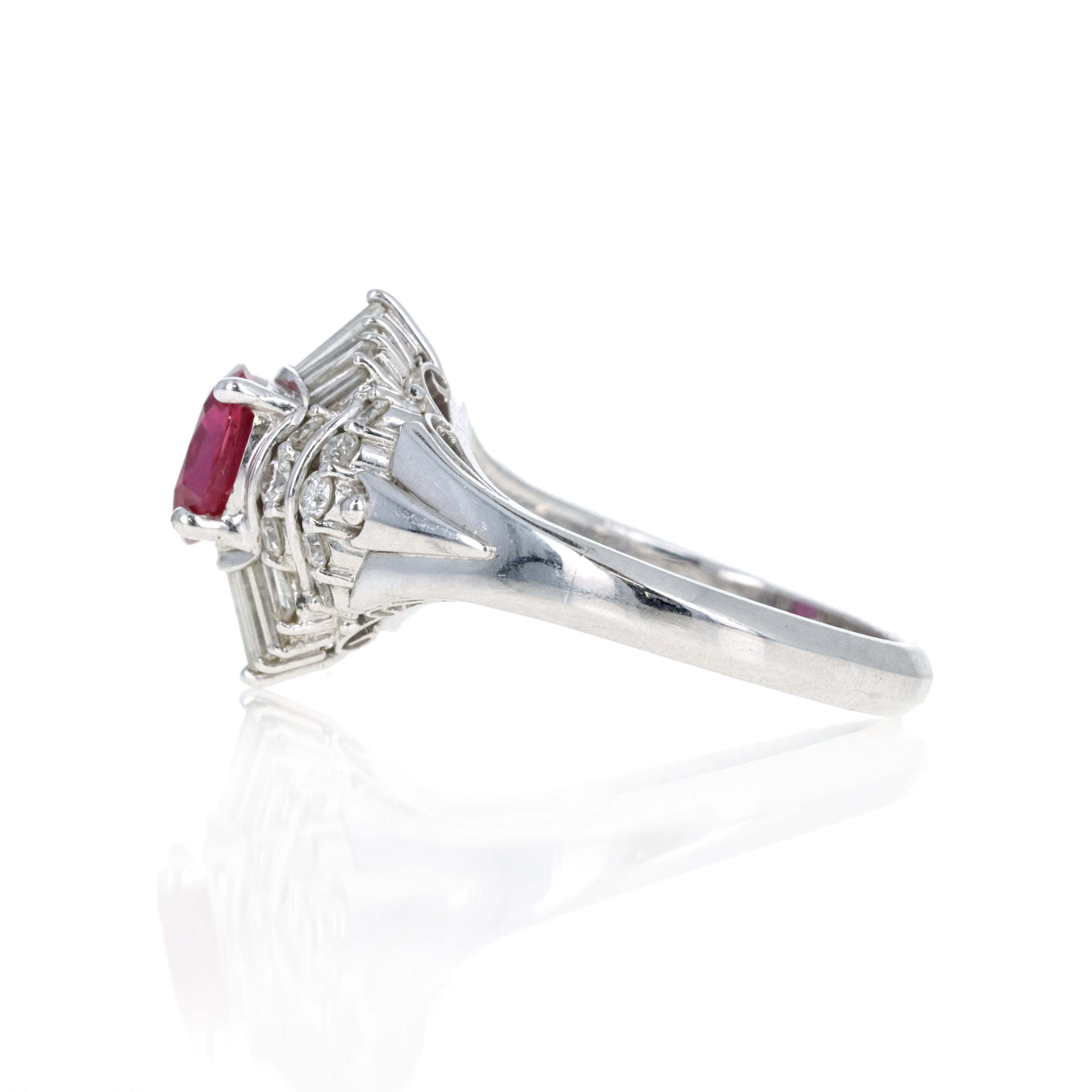 Platinum 1.03 Carat Oval Ruby Diamond Baguette Ballerina Fan Ring - Queen May