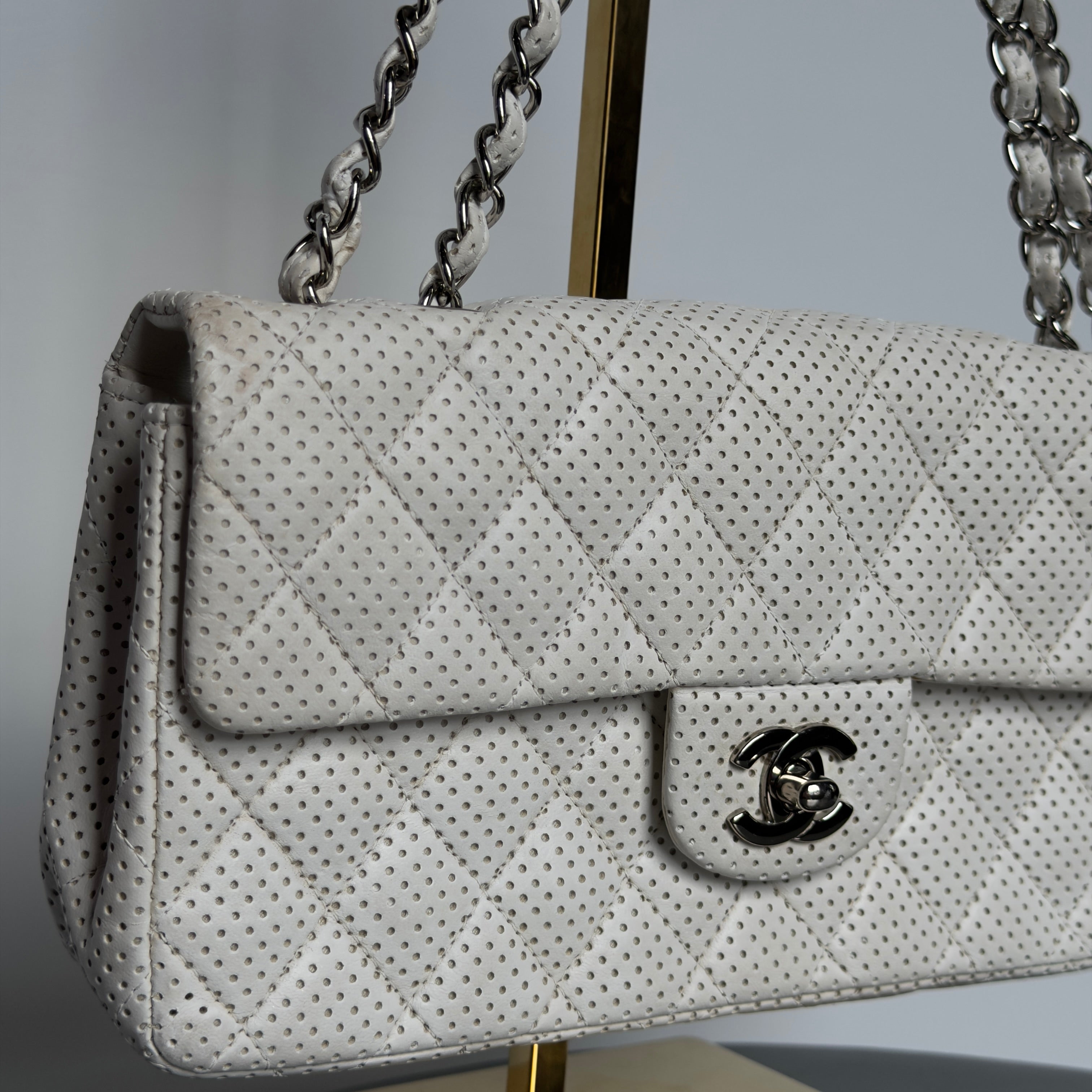 Chanel White Perforated East West Flap Bag