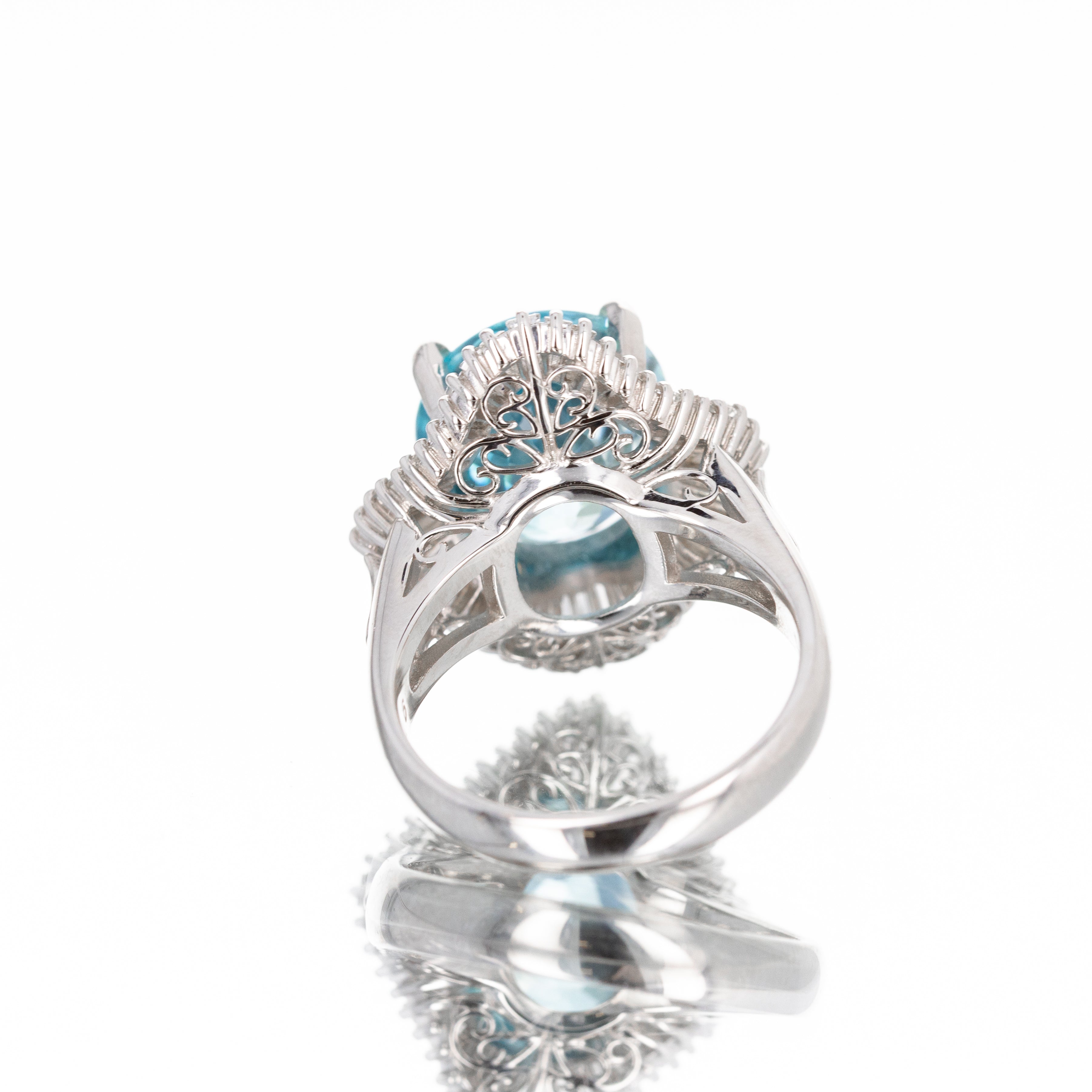 Platinum 9.78 Carat Oval Blue Zircon Diamond Fan Ring - Queen May