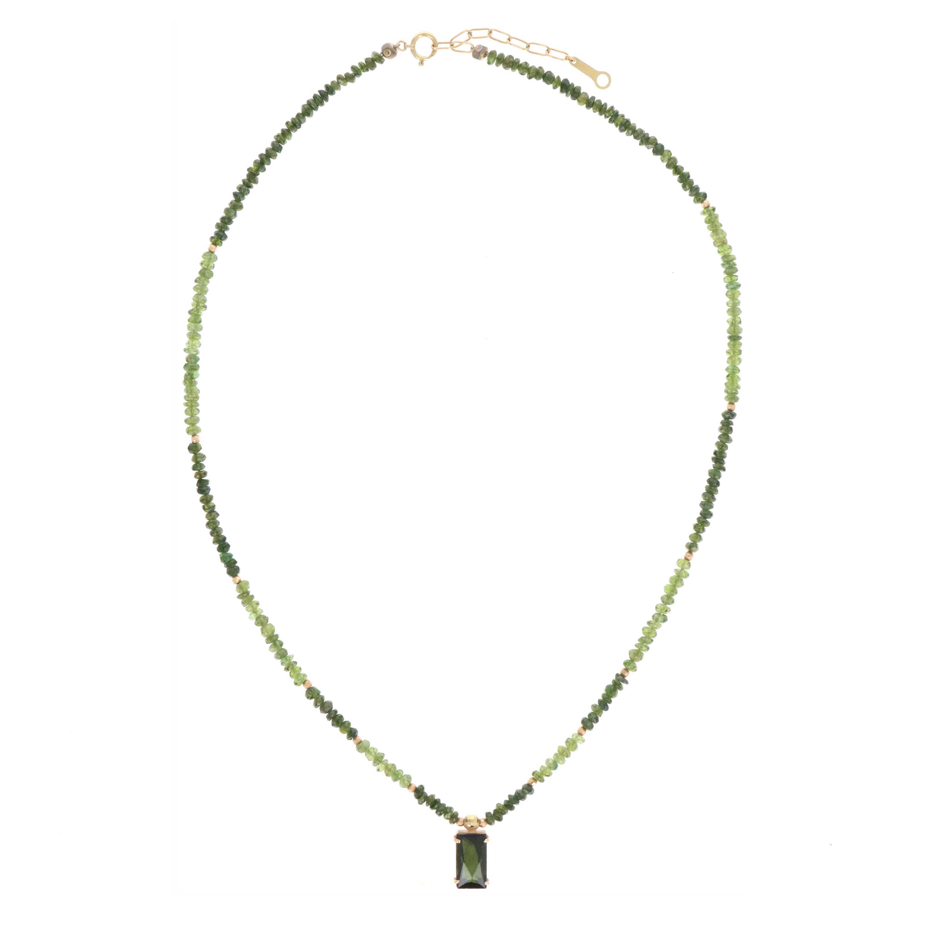 18K Yellow Gold Green Tourmaline Pendant Bead Chain Necklace - Queen May