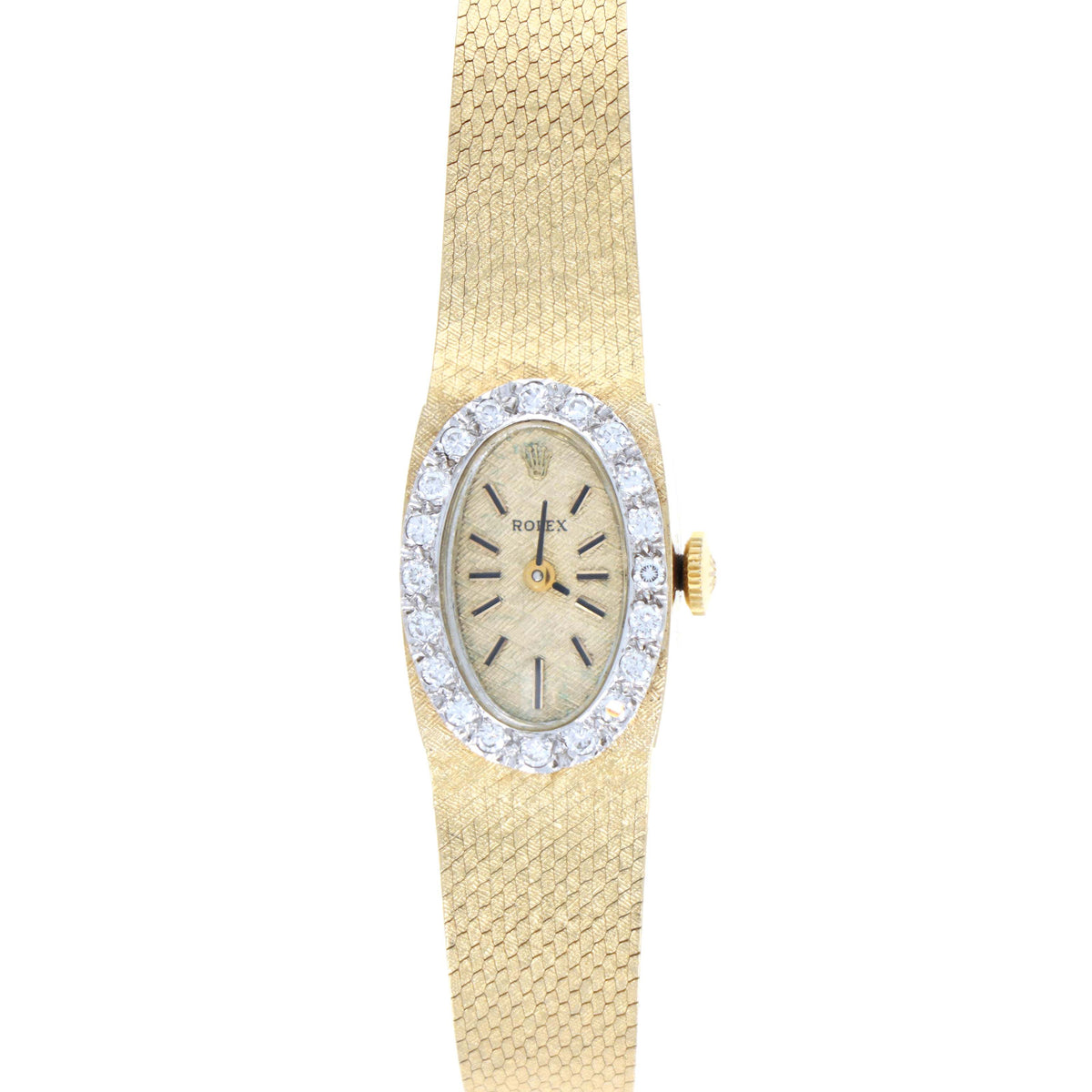Vintage Rolex Ladies 14K Yellow Gold Diamond Bezel Oval Shaped Mechanical Movement Watch