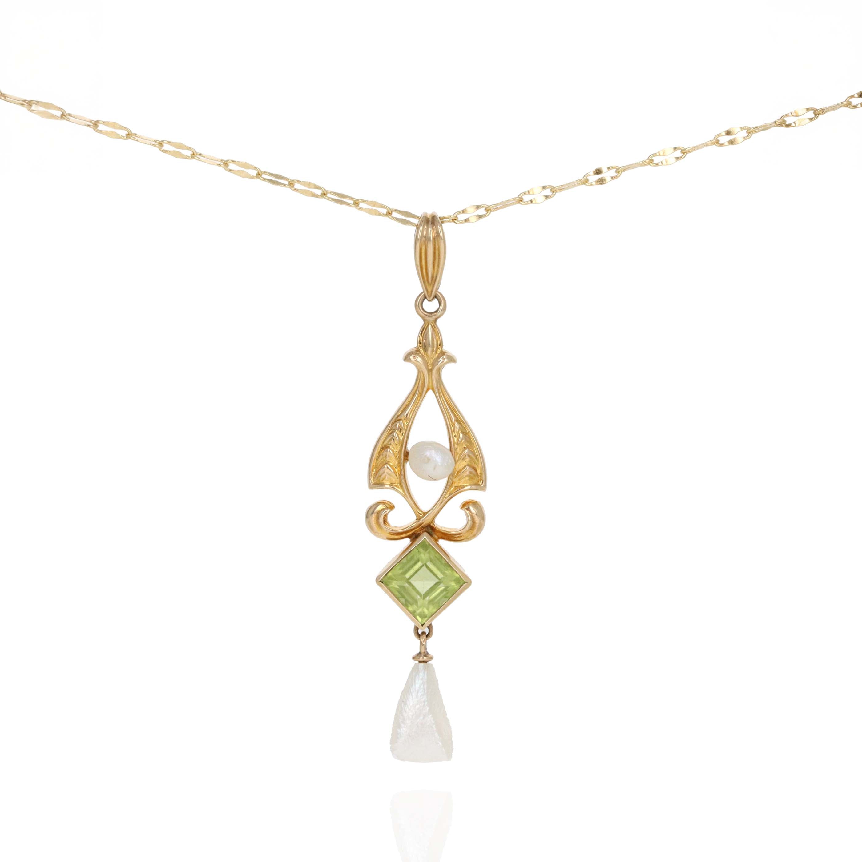 Art Nouveau 14K Yellow Gold Peridot Natural Pearl Pendant Necklace - Queen May