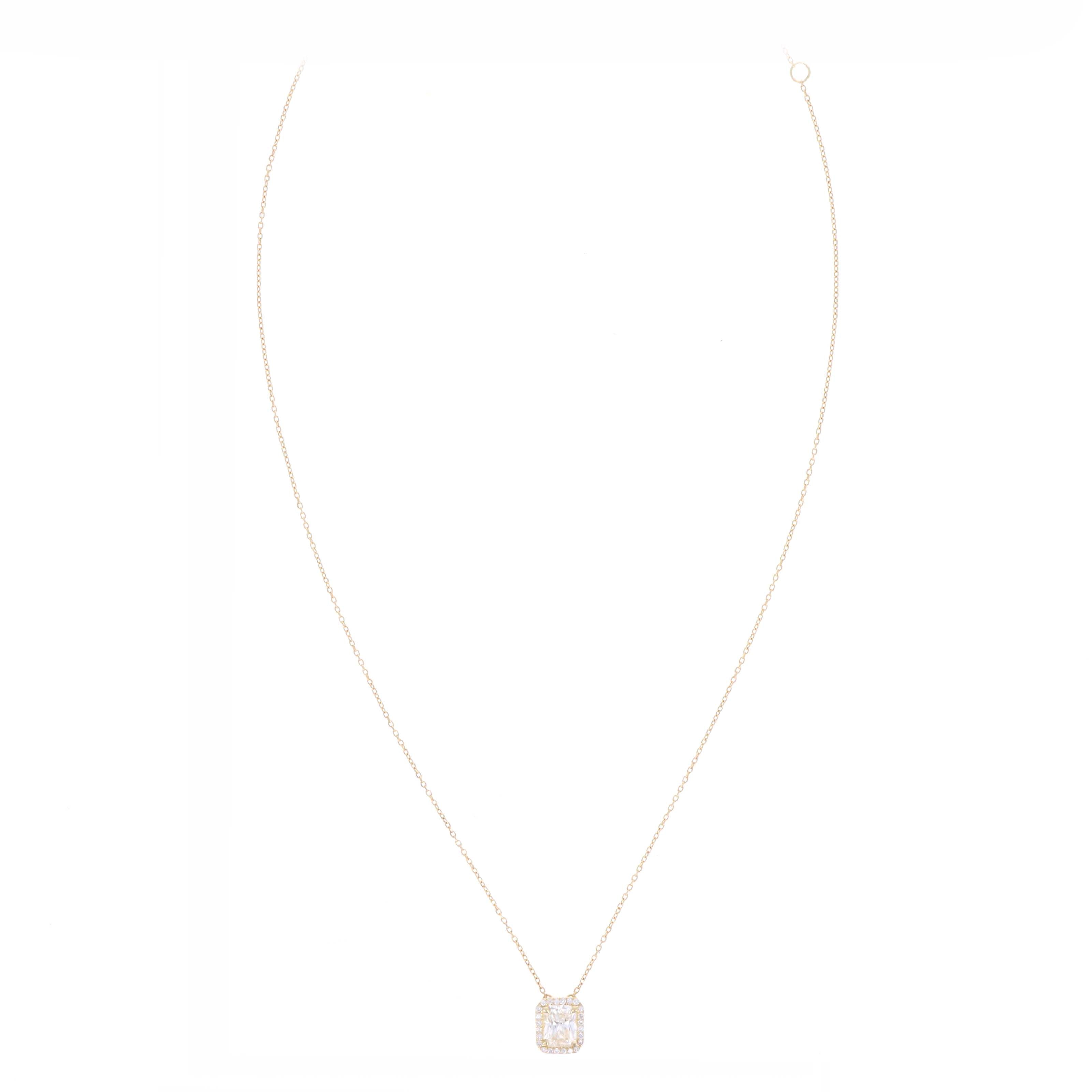 18K Yellow Gold 1.31 Carat Radiant Diamond Halo Pendant Necklace - Queen May