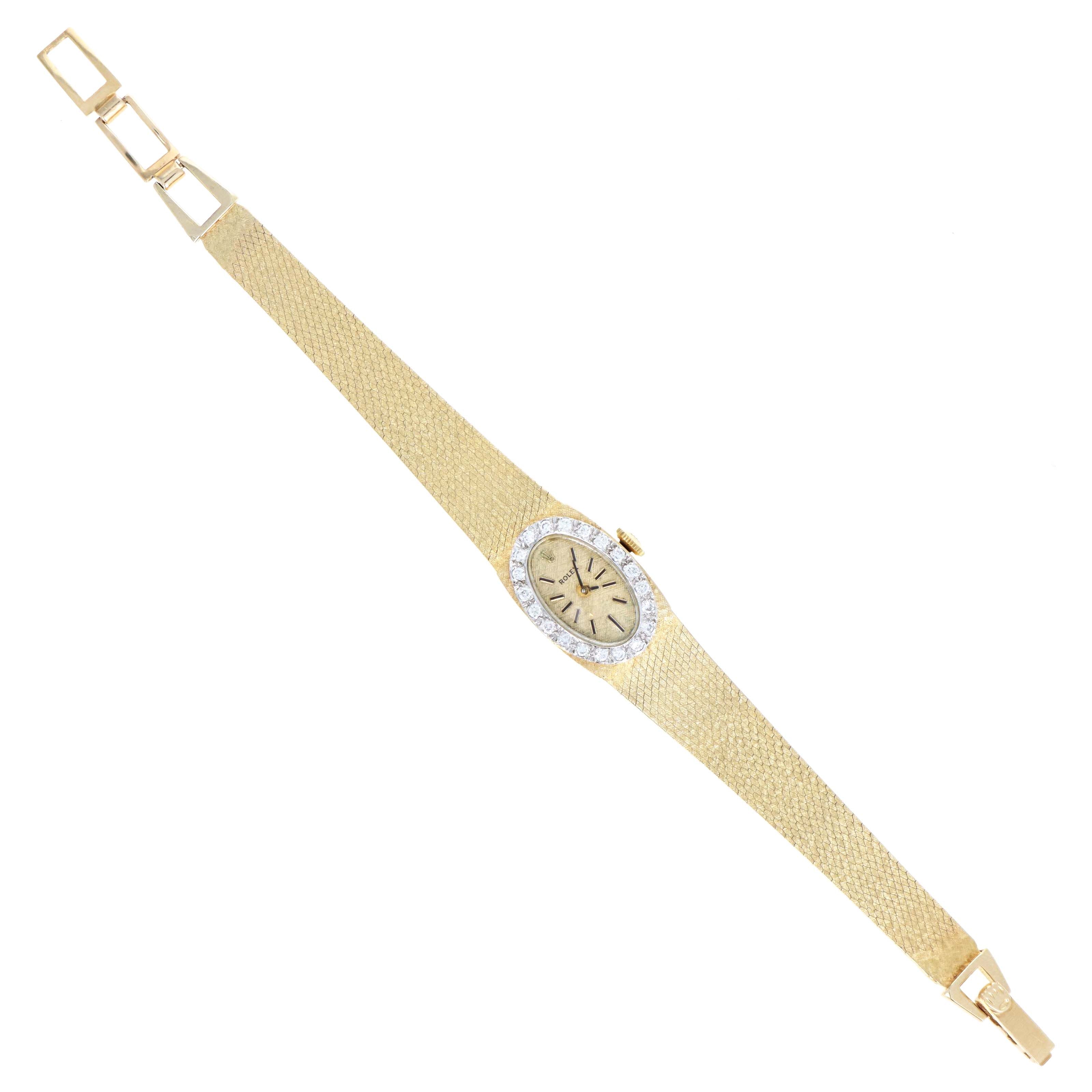 Vintage Rolex Ladies 14K Yellow Gold Diamond Bezel Oval Shaped Mechanical Movement Watch