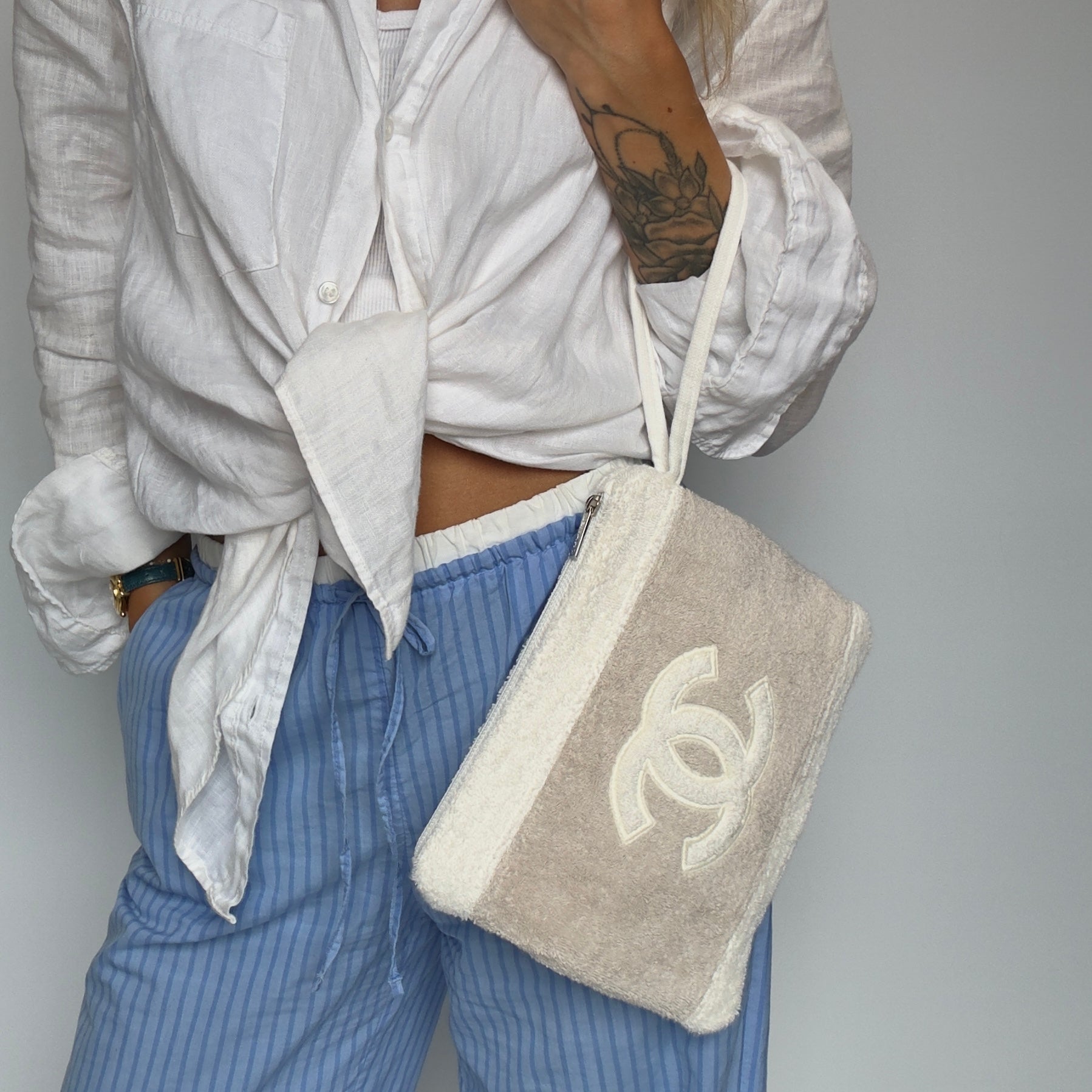 Chanel Terry Cotton CC Beach Tote Towel Bag With Pouch
