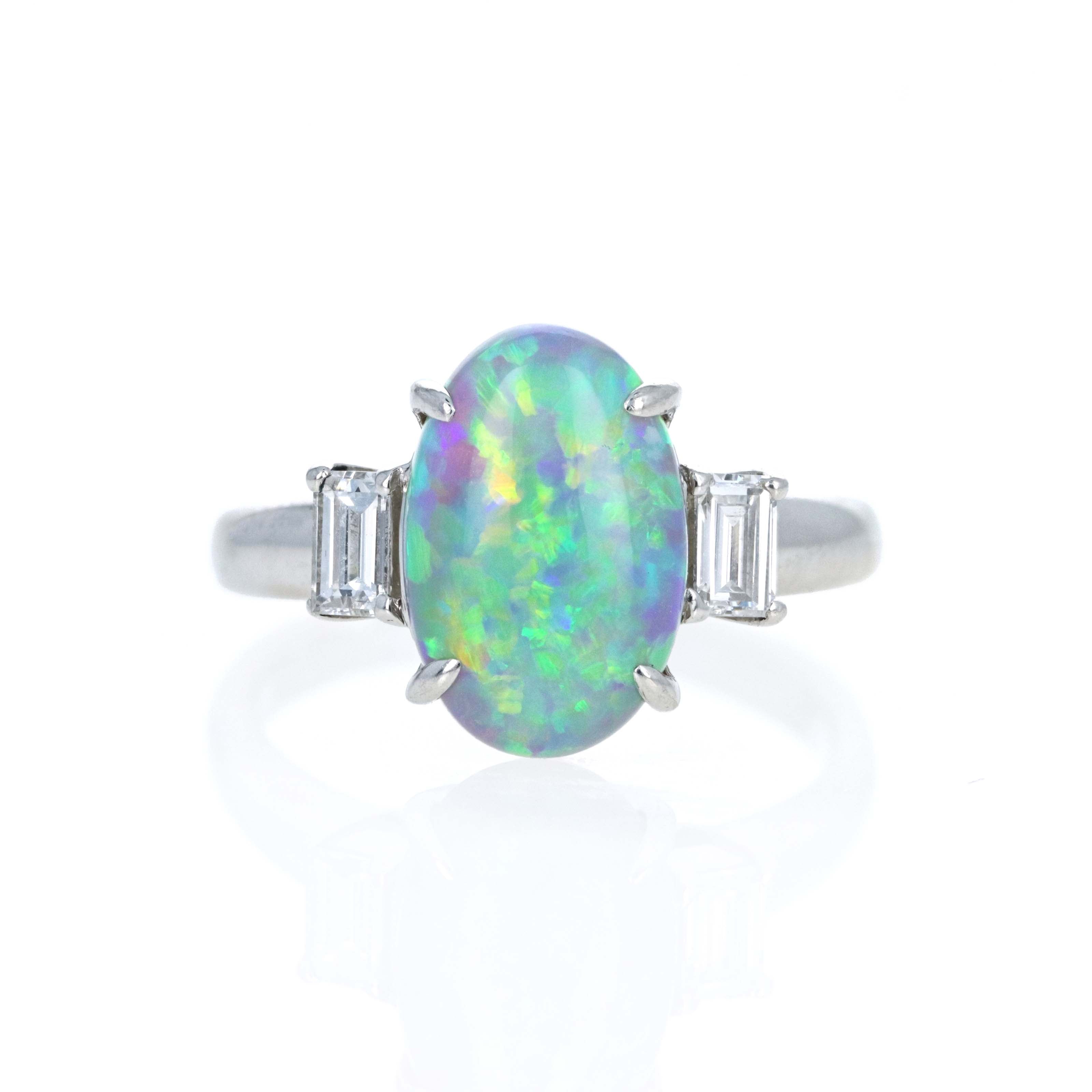 Platinum 3.22 Carat Oval Cabochon Opal Diamond Emerald Accented Ring - Queen May