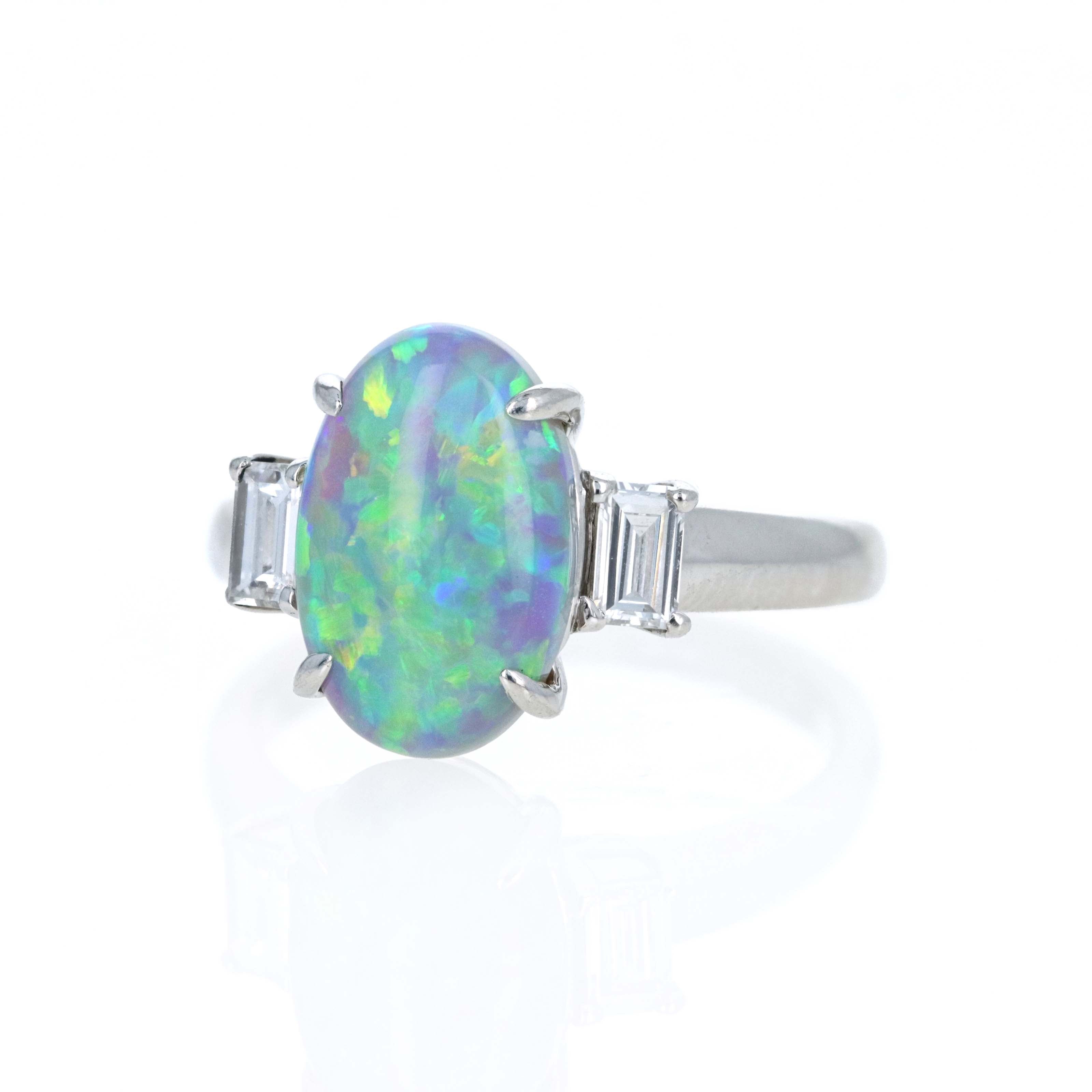 Platinum 3.22 Carat Oval Cabochon Opal Diamond Emerald Accented Ring - Queen May