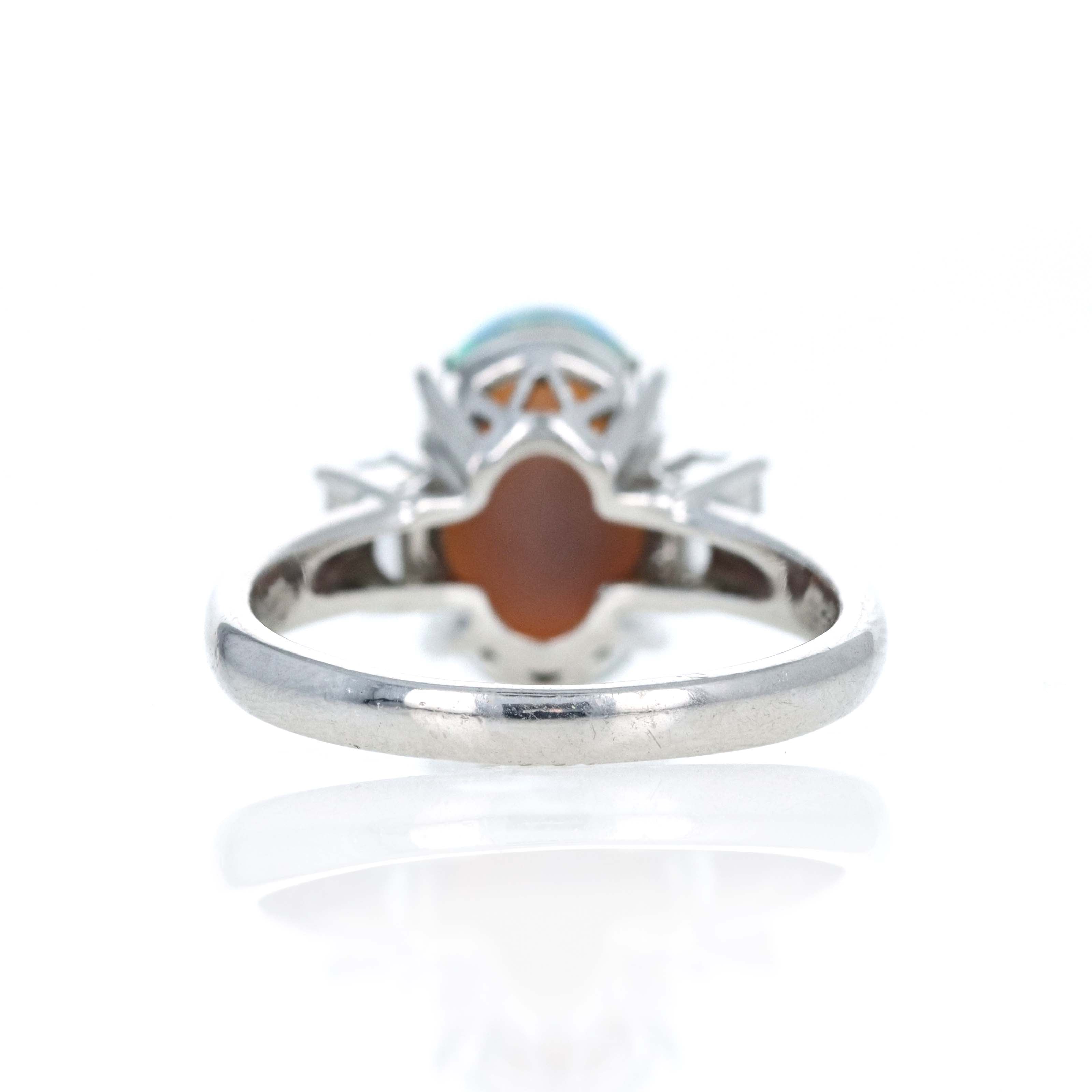 Platinum 3.22 Carat Oval Cabochon Opal Diamond Emerald Accented Ring - Queen May