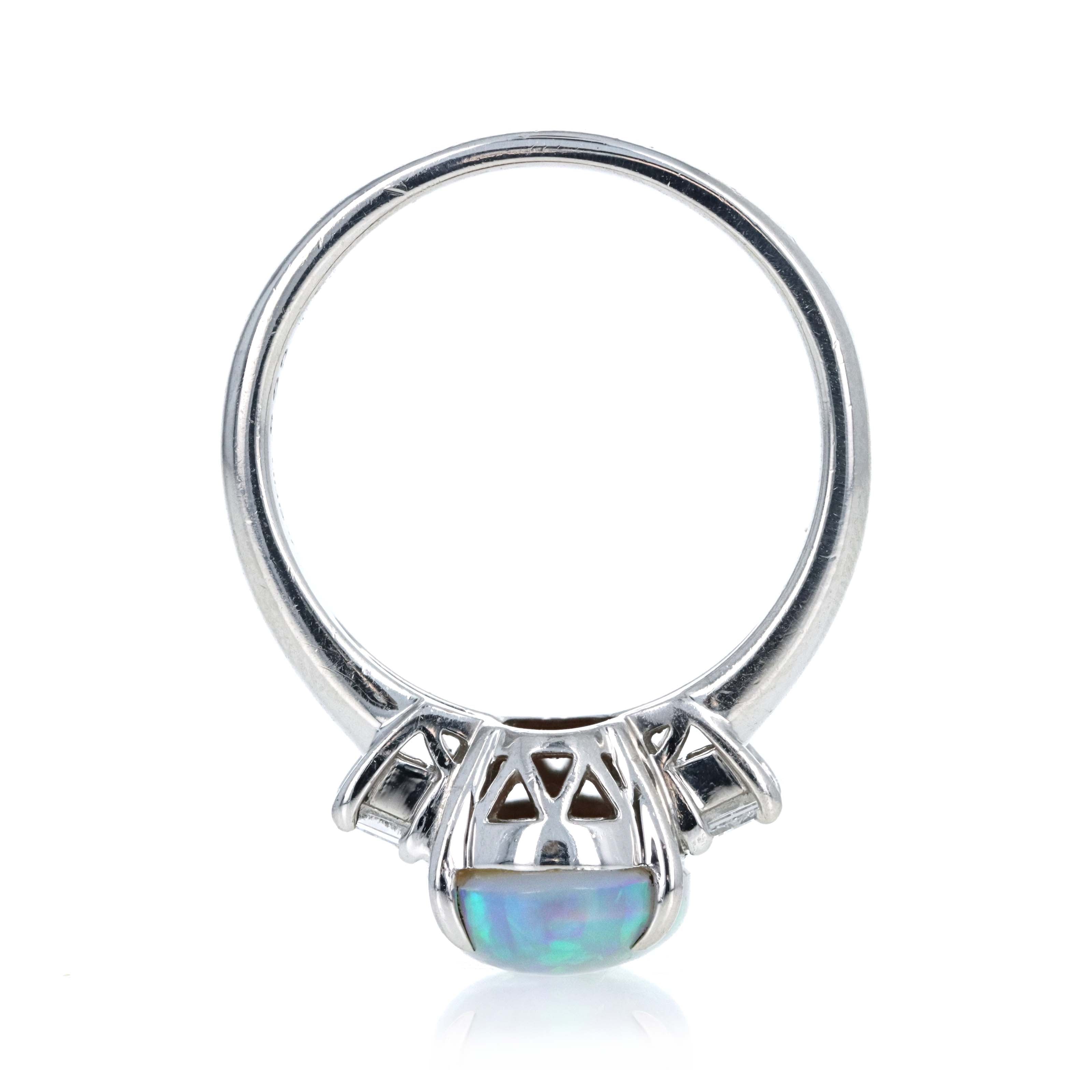 Platinum 3.22 Carat Oval Cabochon Opal Diamond Emerald Accented Ring - Queen May