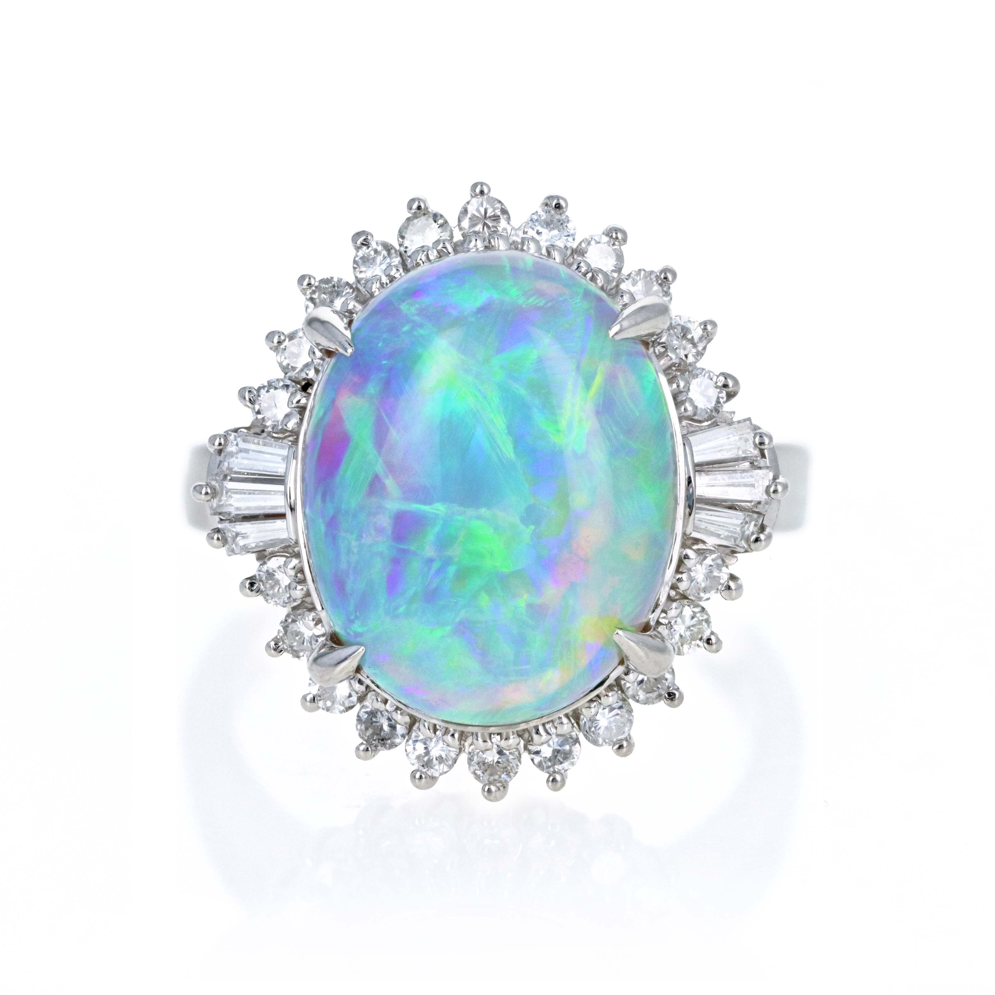 Platinum 5.91 Carat Oval Cabochon Opal Diamond Accented Fan Ring - Queen May