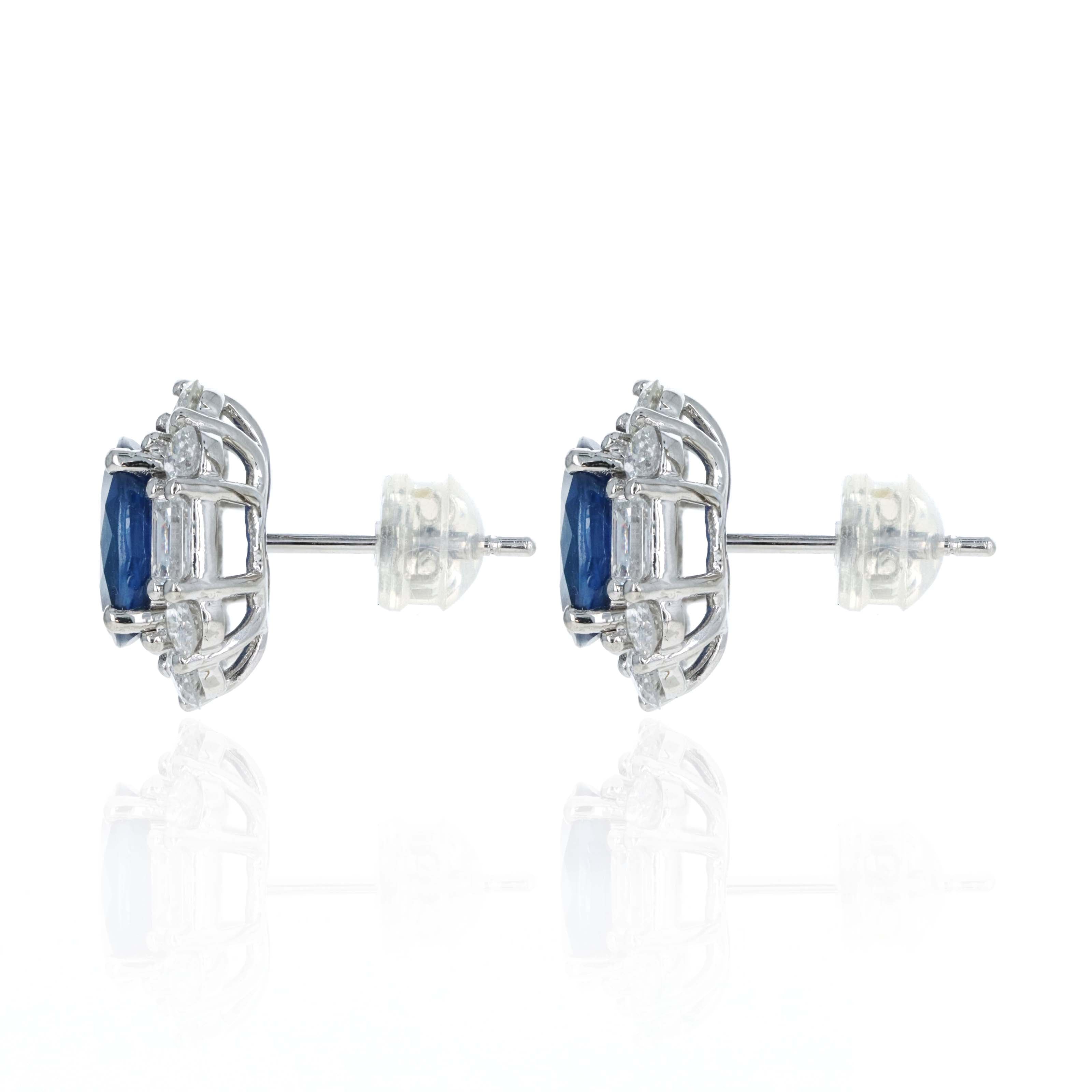 Platinum 4.08 Carat Oval Sapphire Diamond Baguette Halo Stud Earrings - Queen May