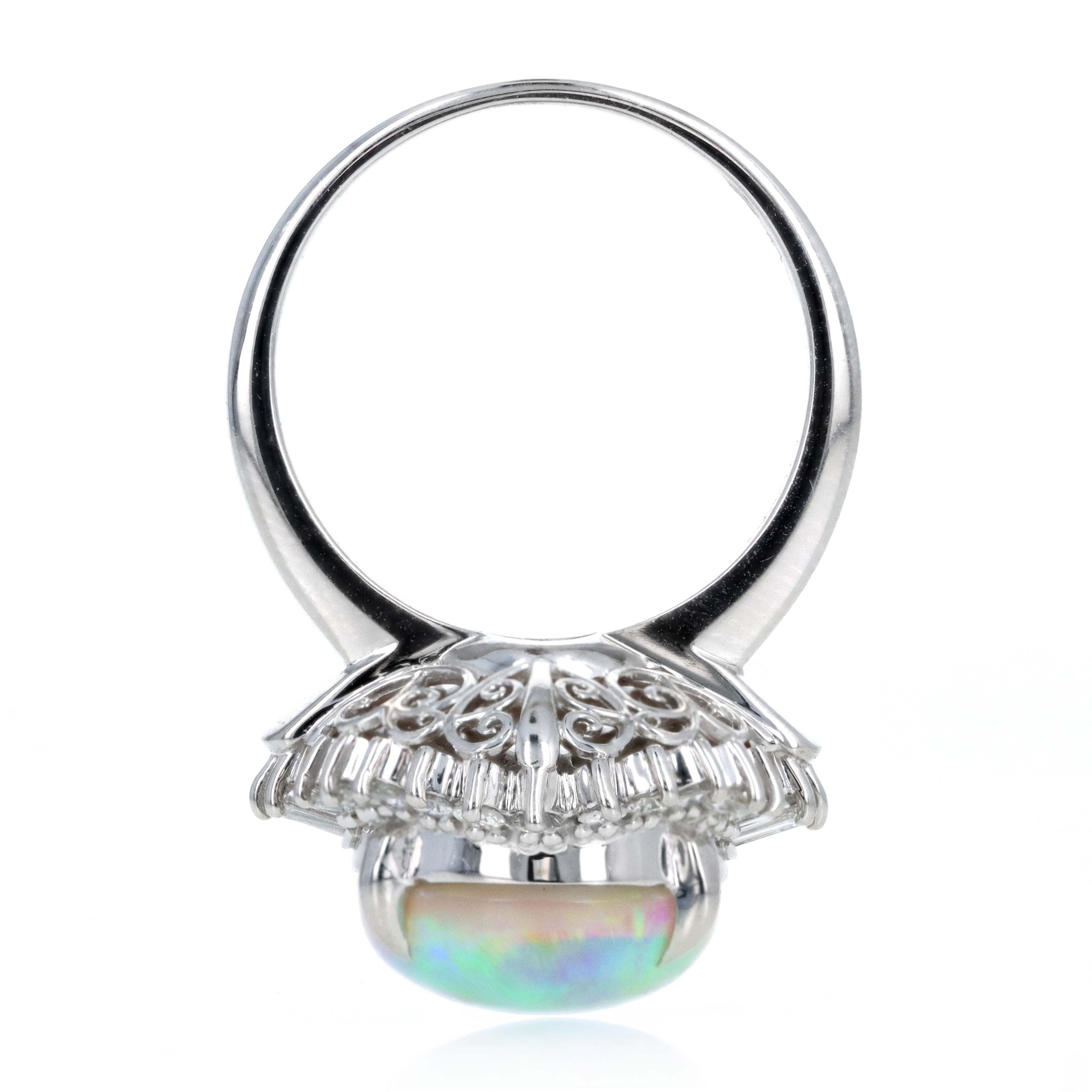Platinum 5.91 Carat Oval Cabochon Opal Diamond Accented Fan Ring - Queen May