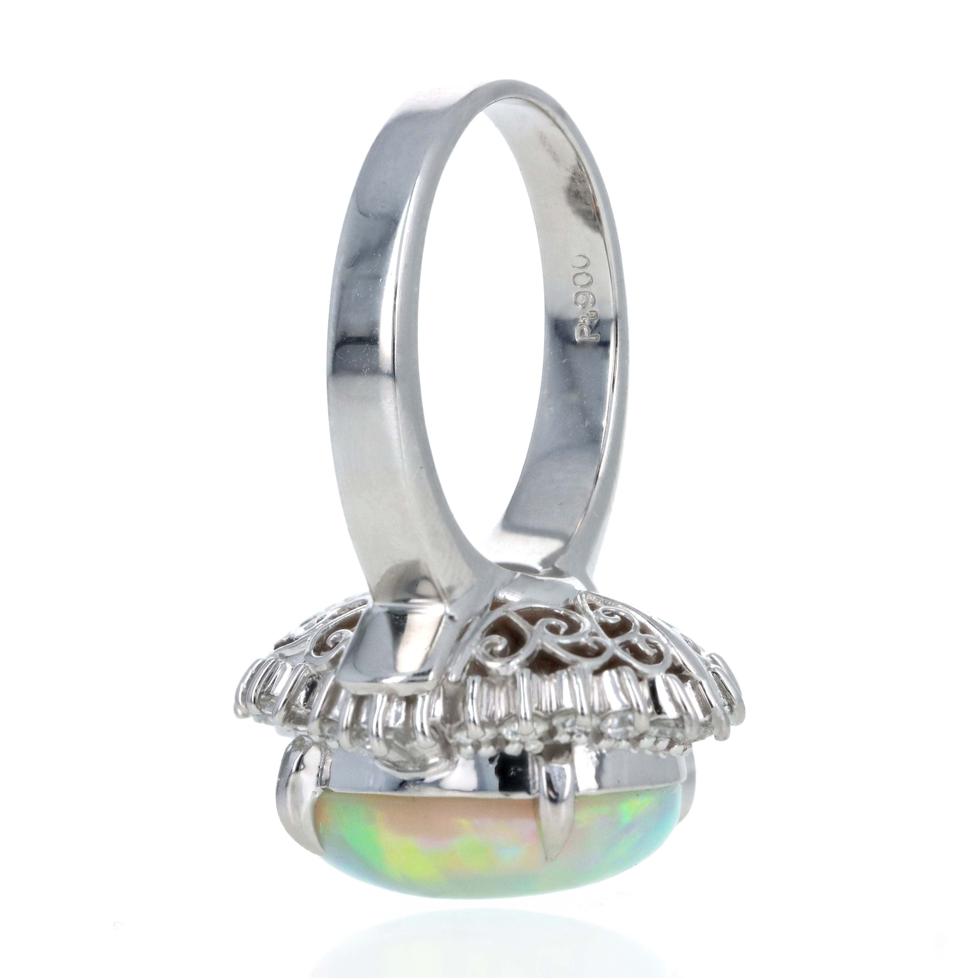 Platinum 5.91 Carat Oval Cabochon Opal Diamond Accented Fan Ring - Queen May