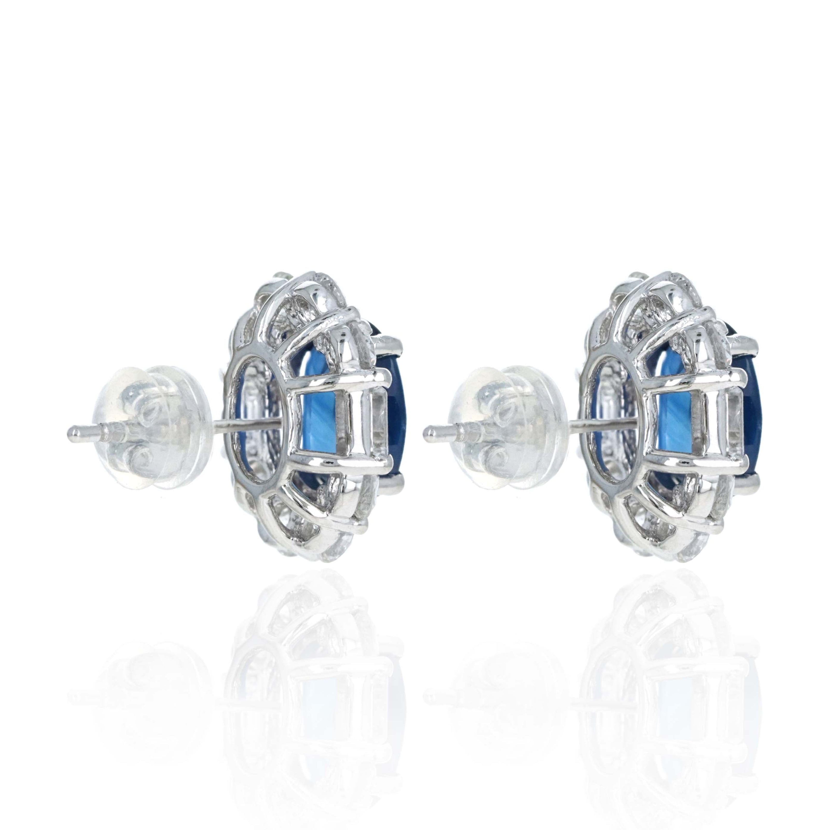 Platinum 4.08 Carat Oval Sapphire Diamond Baguette Halo Stud Earrings - Queen May