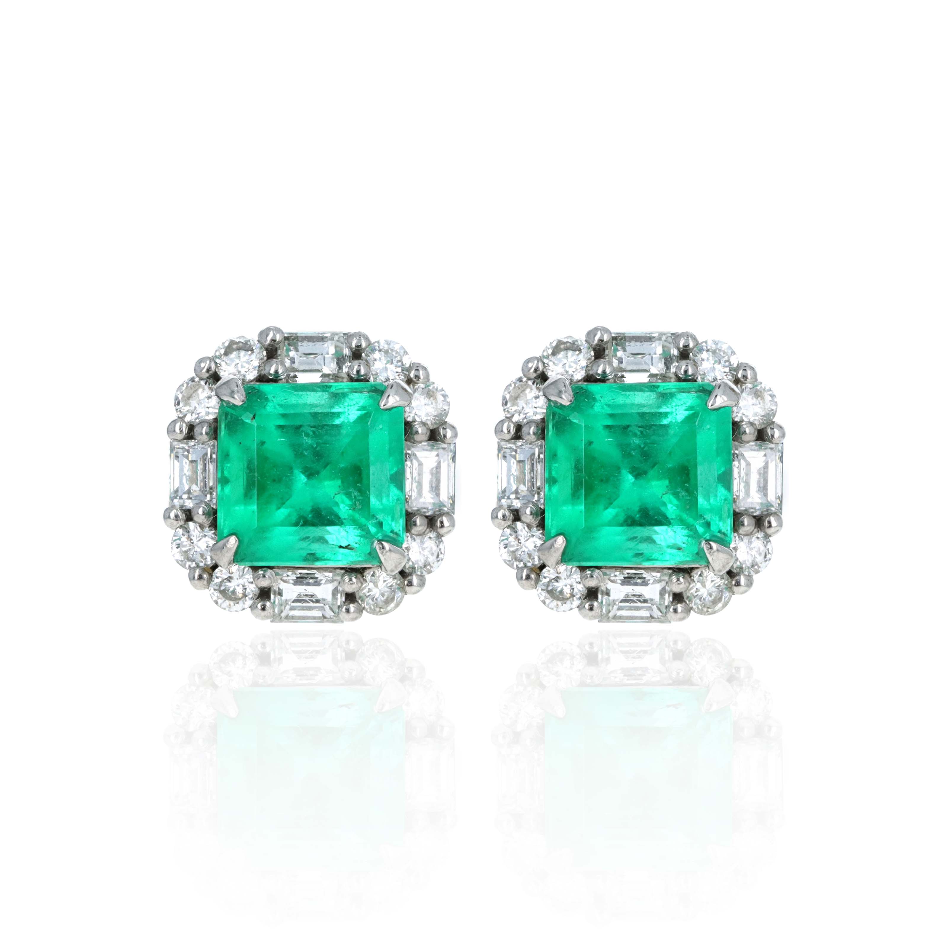 Platinum 3.72 Carat Emerald Cut Emerald & Diamond Halo Earrings - Queen May
