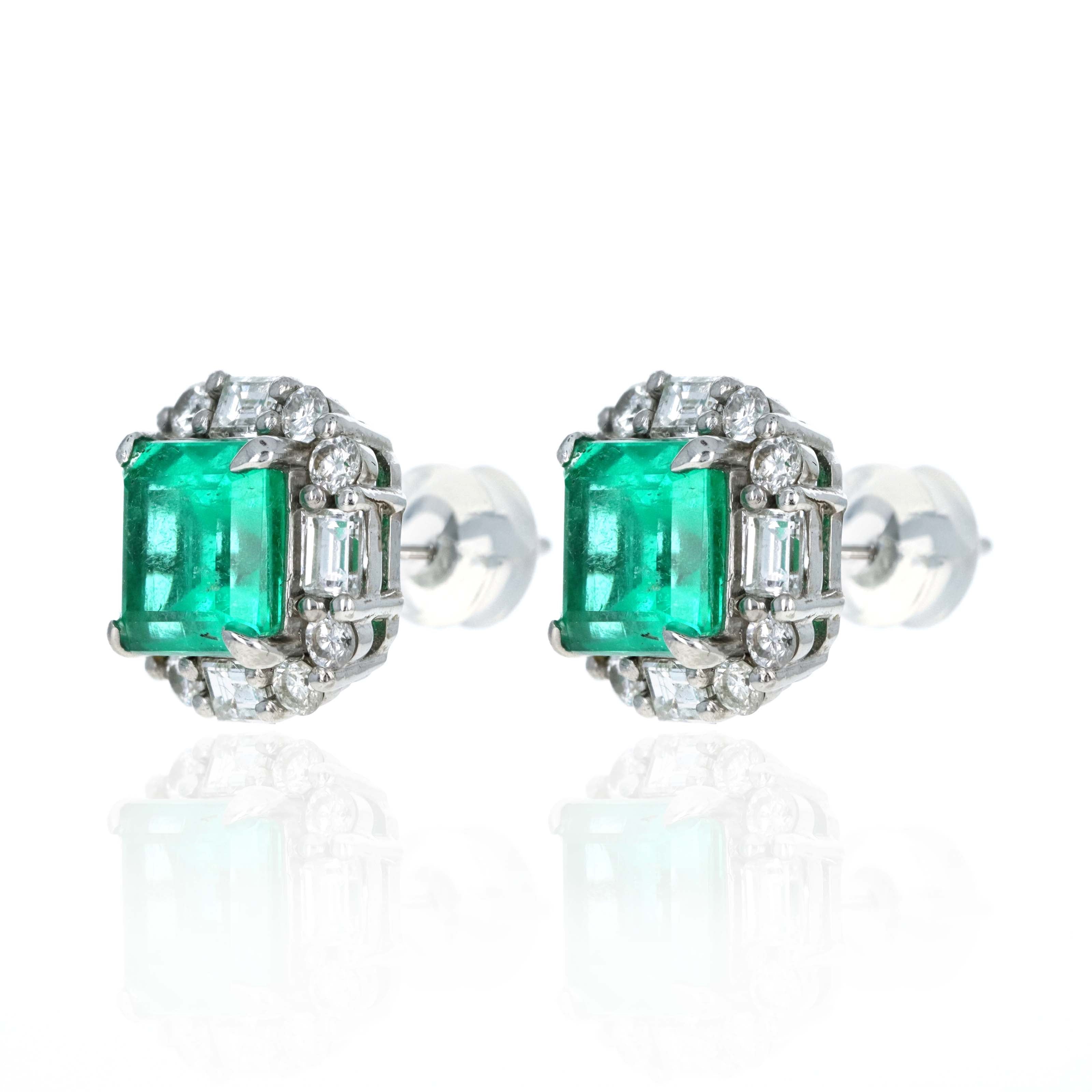 Platinum 3.72 Carat Emerald Cut Emerald & Diamond Halo Earrings - Queen May