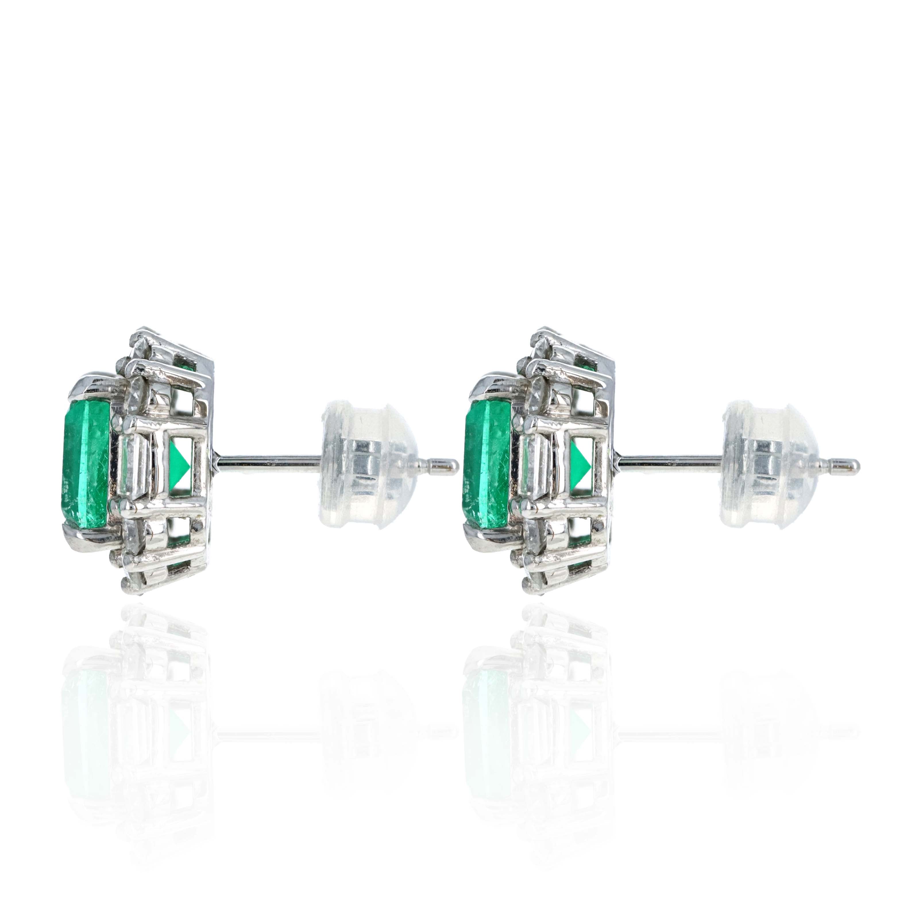 Platinum 3.72 Carat Emerald Cut Emerald & Diamond Halo Earrings - Queen May