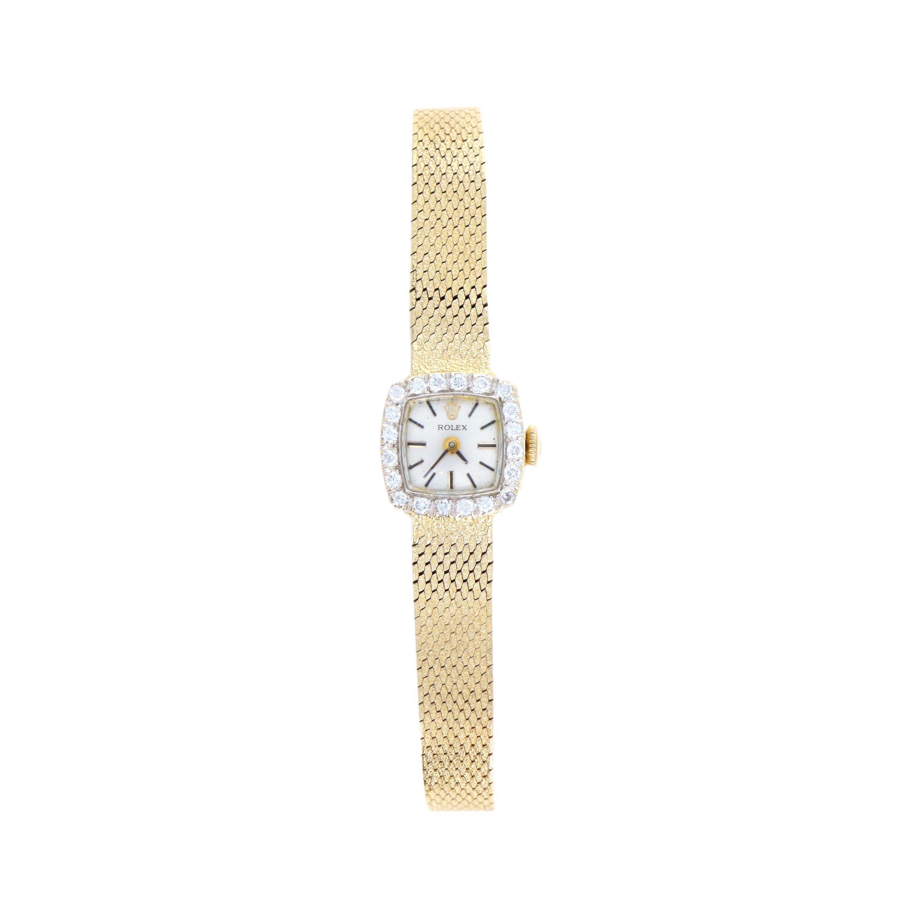 Vintage Rolex Ladies 14K Yellow Gold Diamond Bezel Square Shaped Mechanical Movement Watch With Box