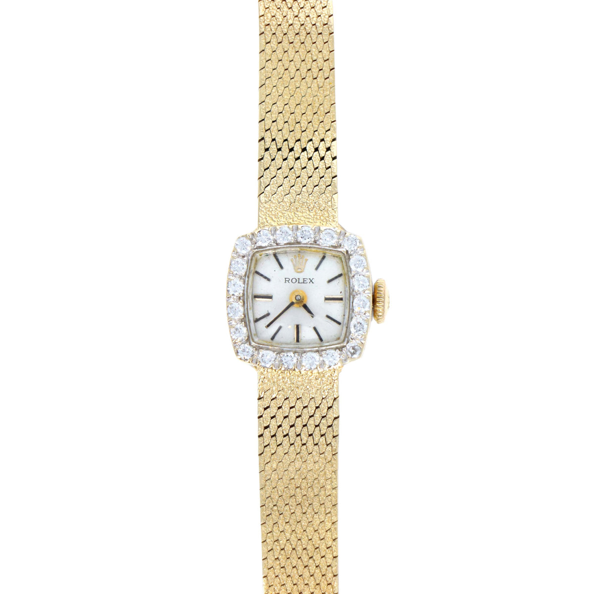 Vintage Rolex Ladies 14K Yellow Gold Diamond Bezel Square Shaped Mechanical Movement Watch With Box