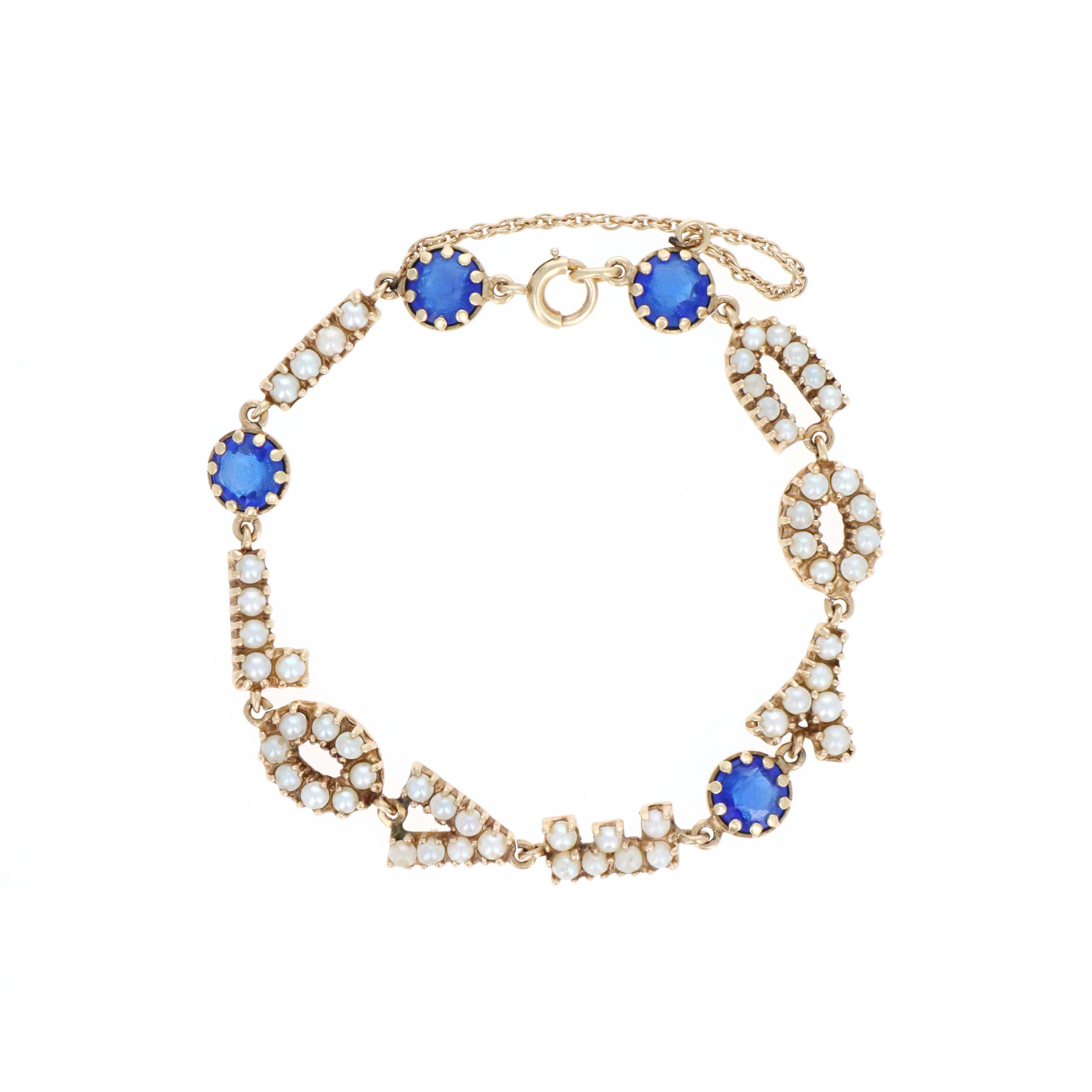 Vintage 14K Yellow Gold "I Love You" Bracelet with 2.8mm Pearls & Synthetic Bluestones - Queen May