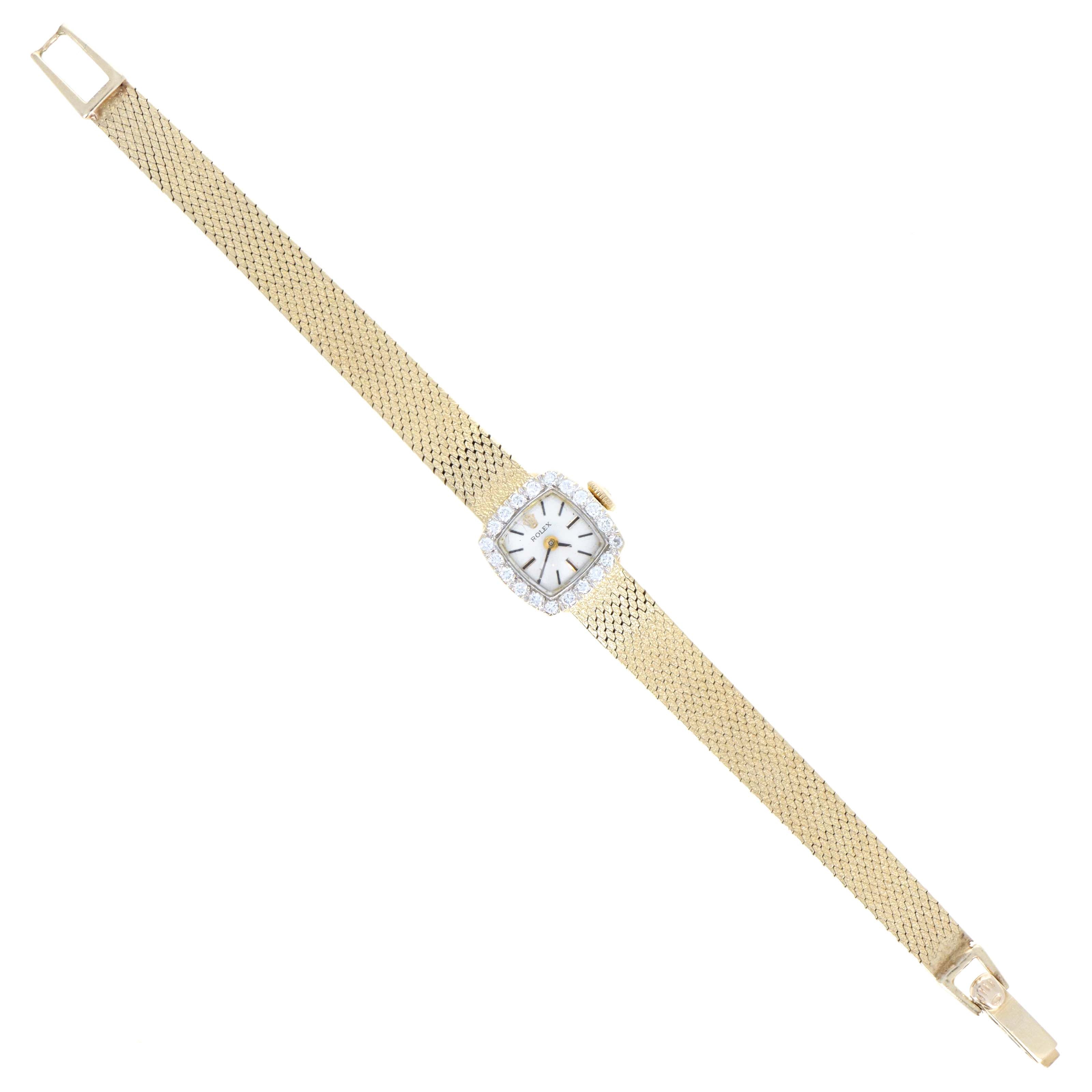 Vintage Rolex Ladies 14K Yellow Gold Diamond Bezel Square Shaped Mechanical Movement Watch With Box