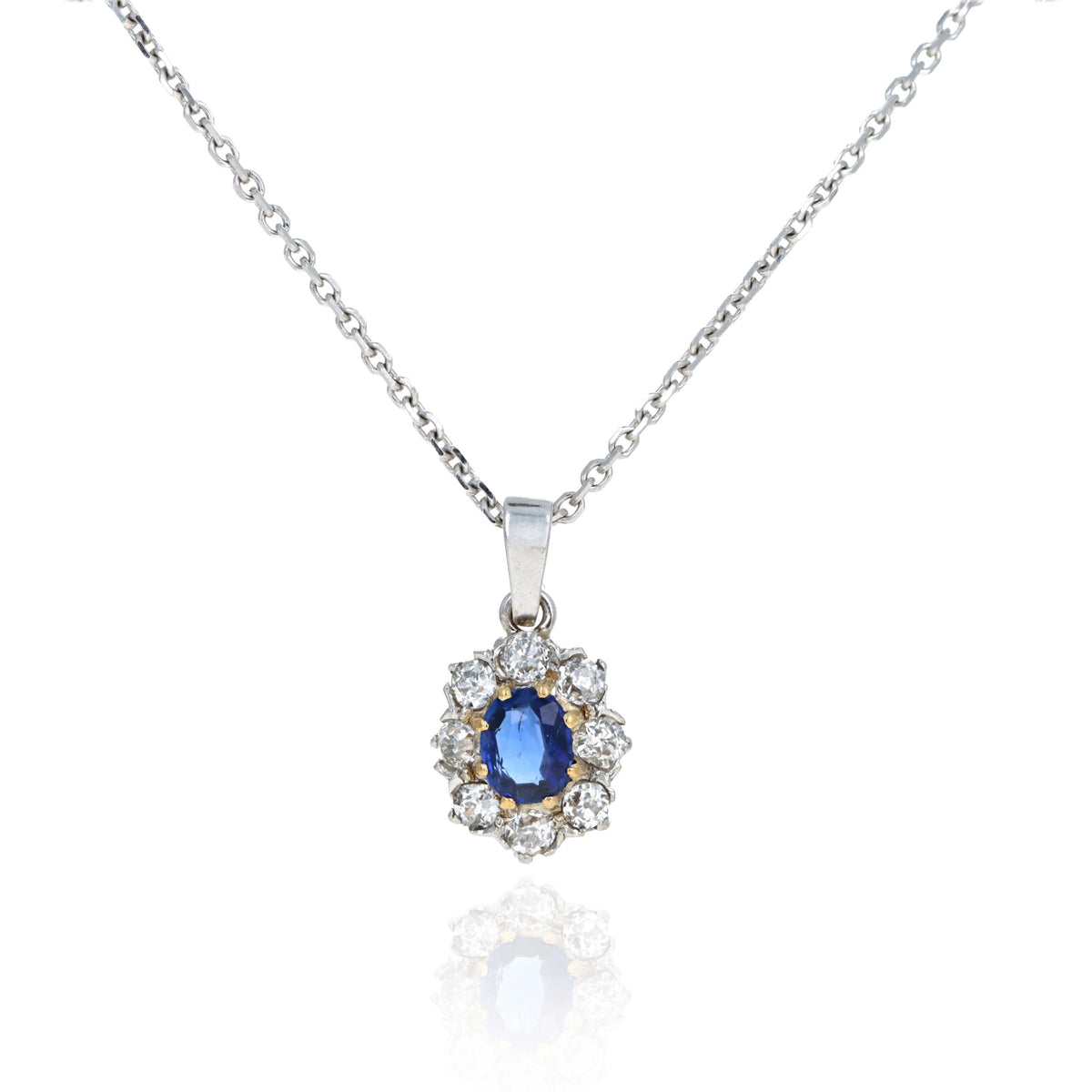 Victorian 14K White Gold Sapphire & Diamond Halo Stick Pin Conversion Necklace
