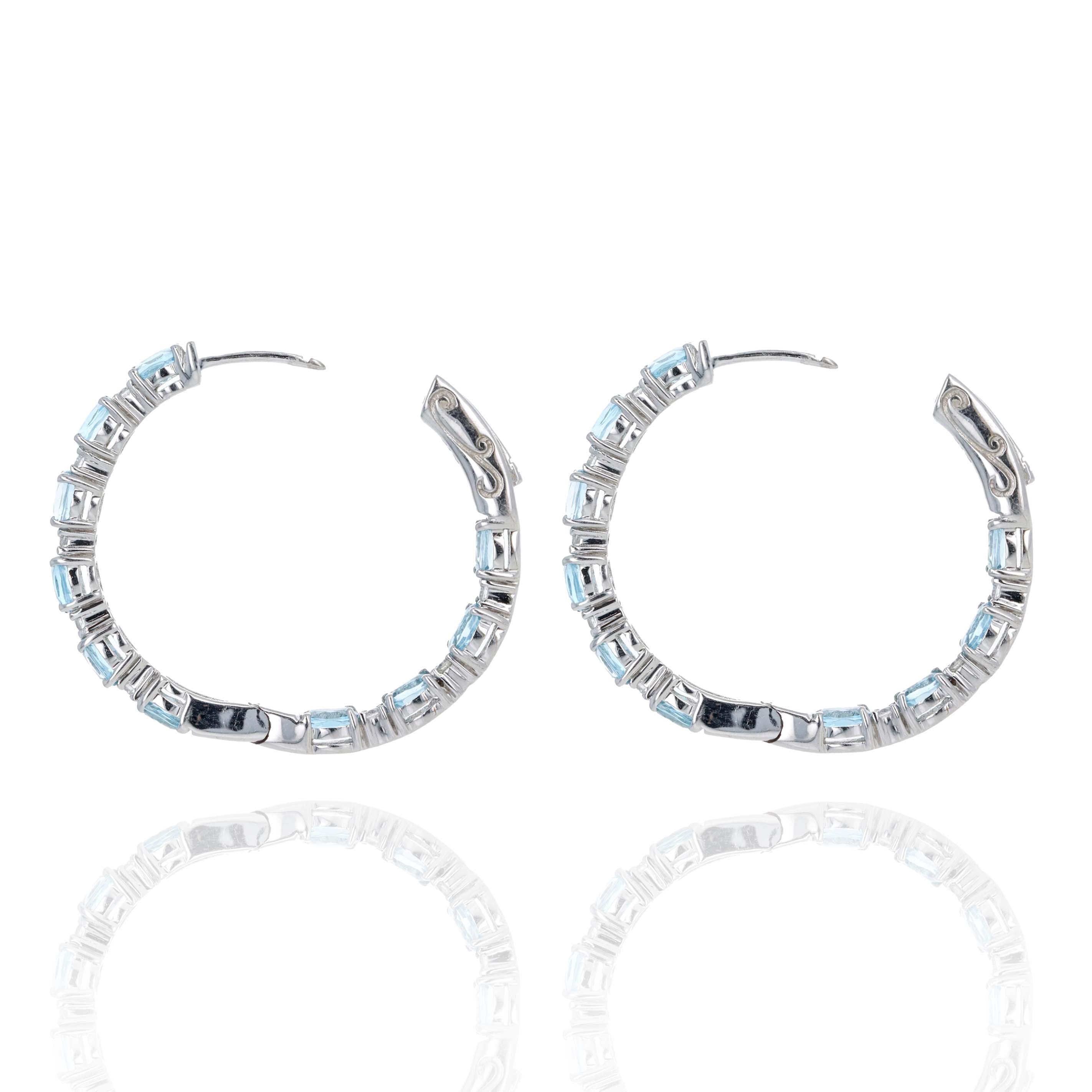 10K White Gold Oval Blue Topaz Diamond Inside-Out Hoop Earrings - Queen May