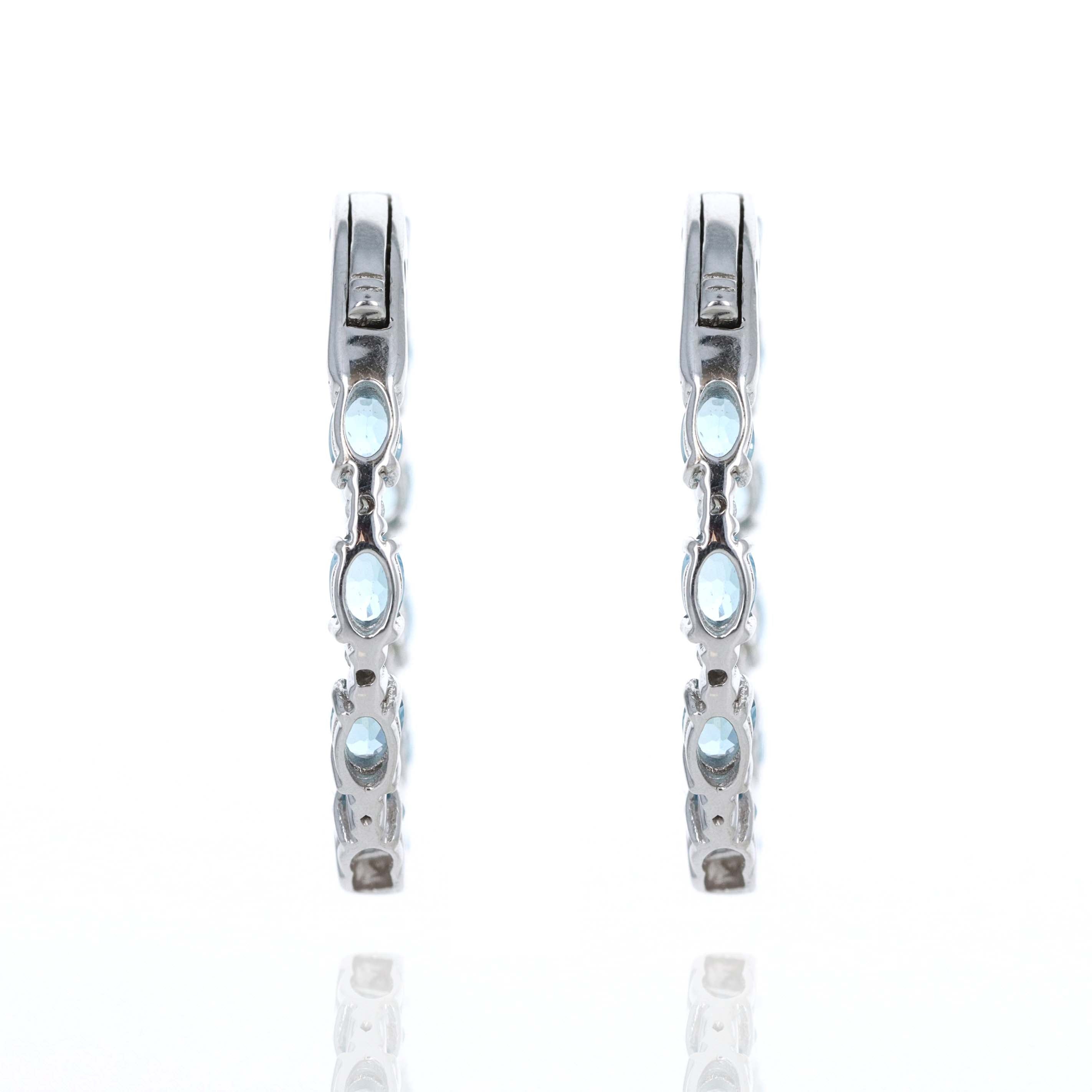 10K White Gold Oval Blue Topaz Diamond Inside-Out Hoop Earrings - Queen May