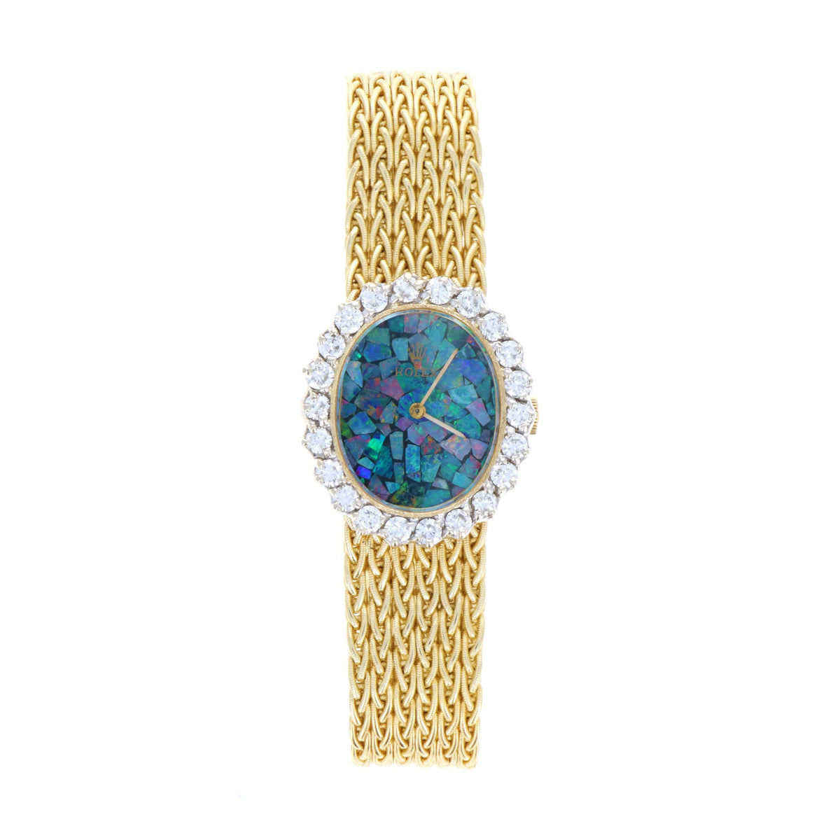 Vintage Rolex Ladies 14K Yellow Gold Mosaic Opal Dial & Diamond Bezel Oval Shaped Woven Bracelet Mechanical Movement Watch - Queen May