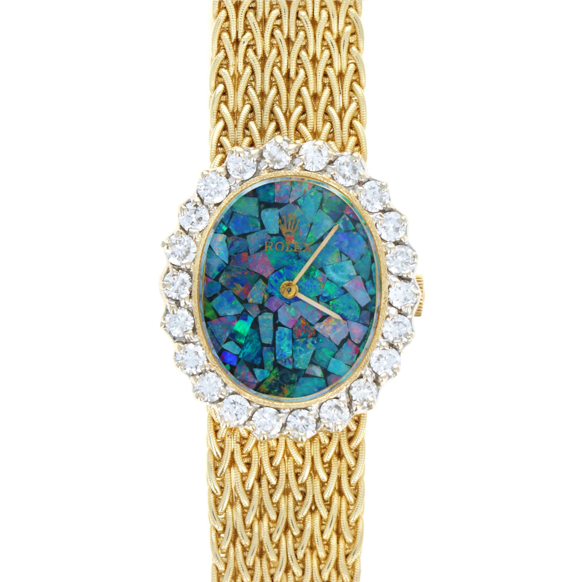 Vintage Rolex Ladies 14K Yellow Gold Mosaic Opal Dial & Diamond Bezel Oval Shaped Woven Bracelet Mechanical Movement Watch - Queen May