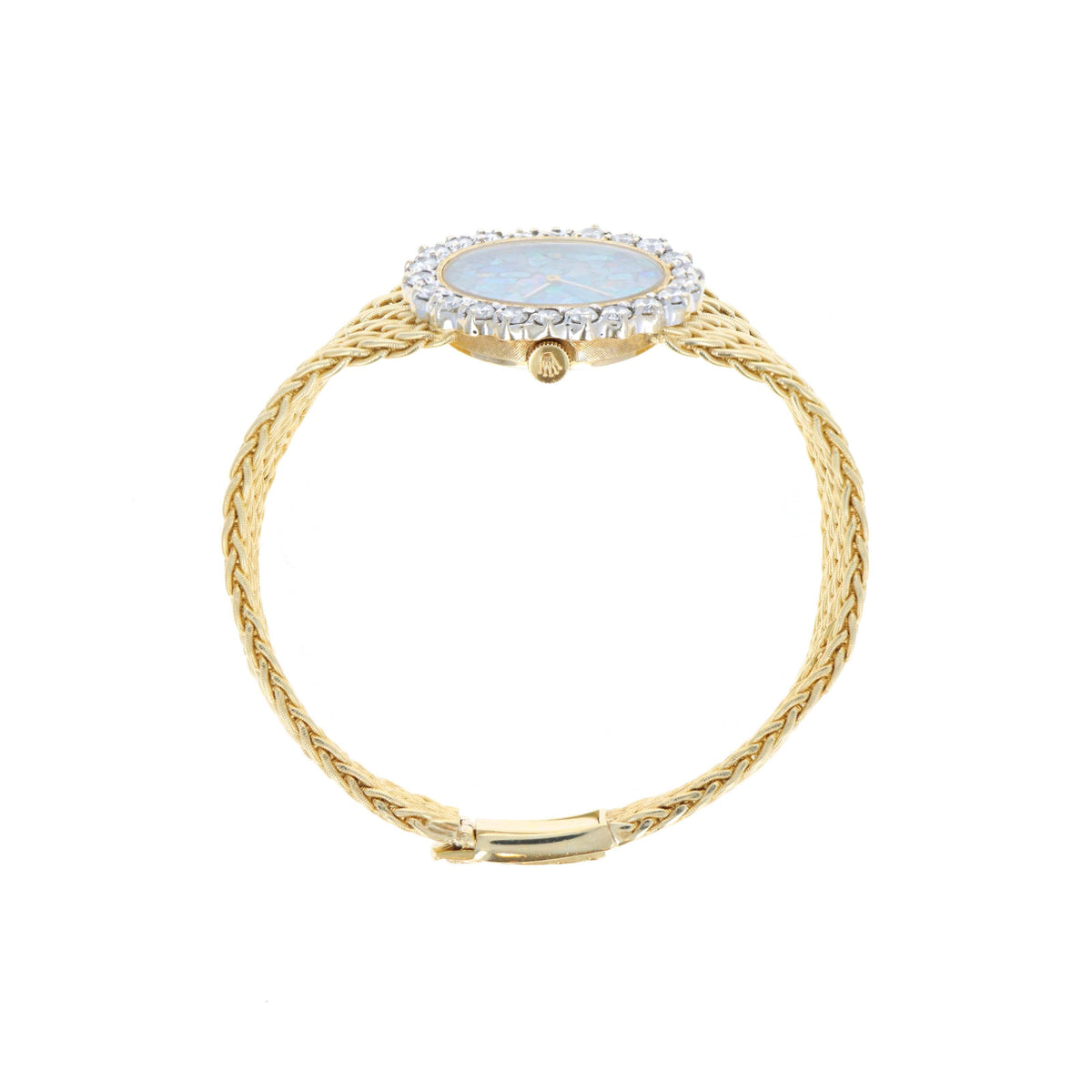 Vintage Rolex Ladies 14K Yellow Gold Mosaic Opal Dial & Diamond Bezel Oval Shaped Woven Bracelet Mechanical Movement Watch - Queen May