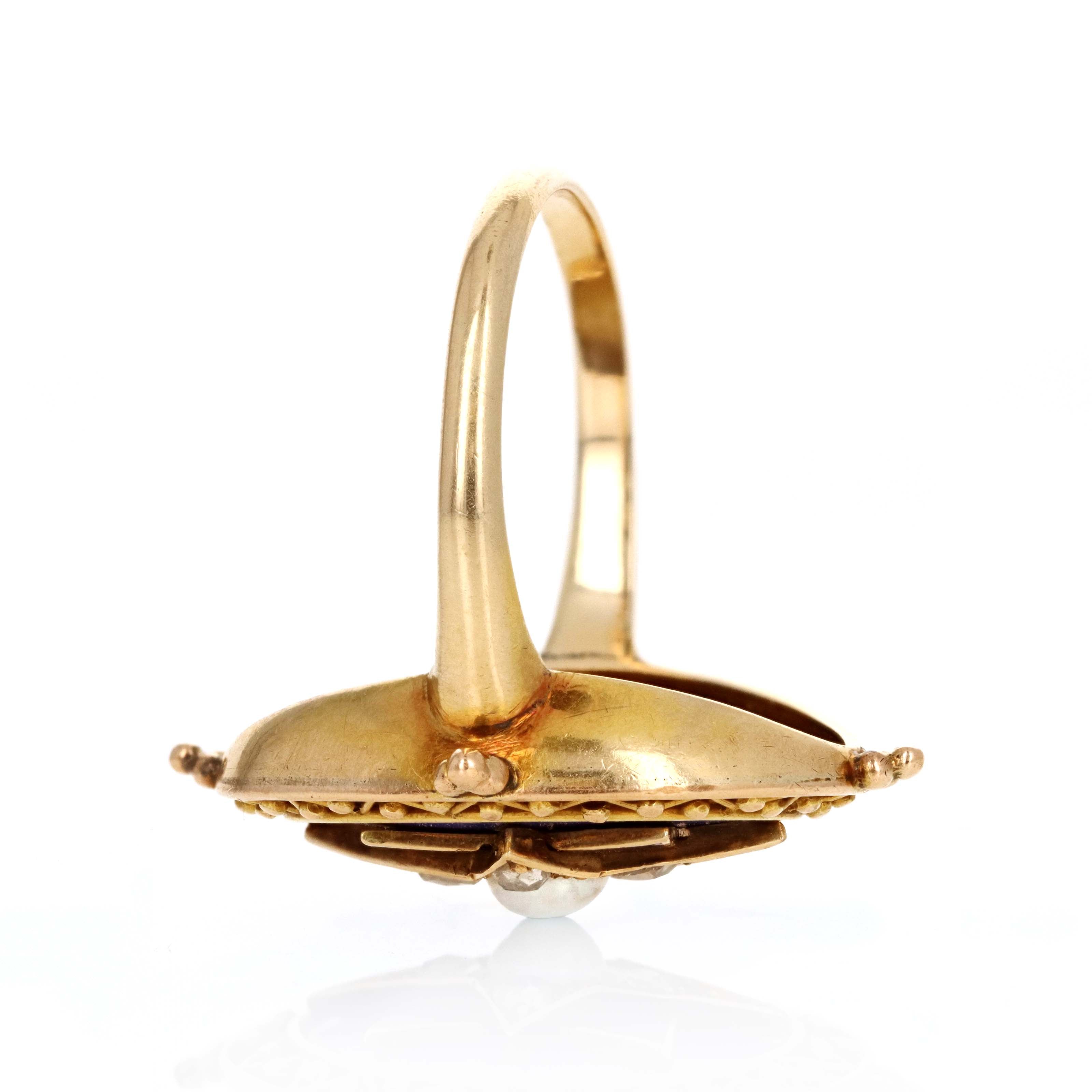 Victorian Etruscan Revival 14K Yellow Gold Enamel Pearl Rose Cut Diamond Star Ring - Queen May