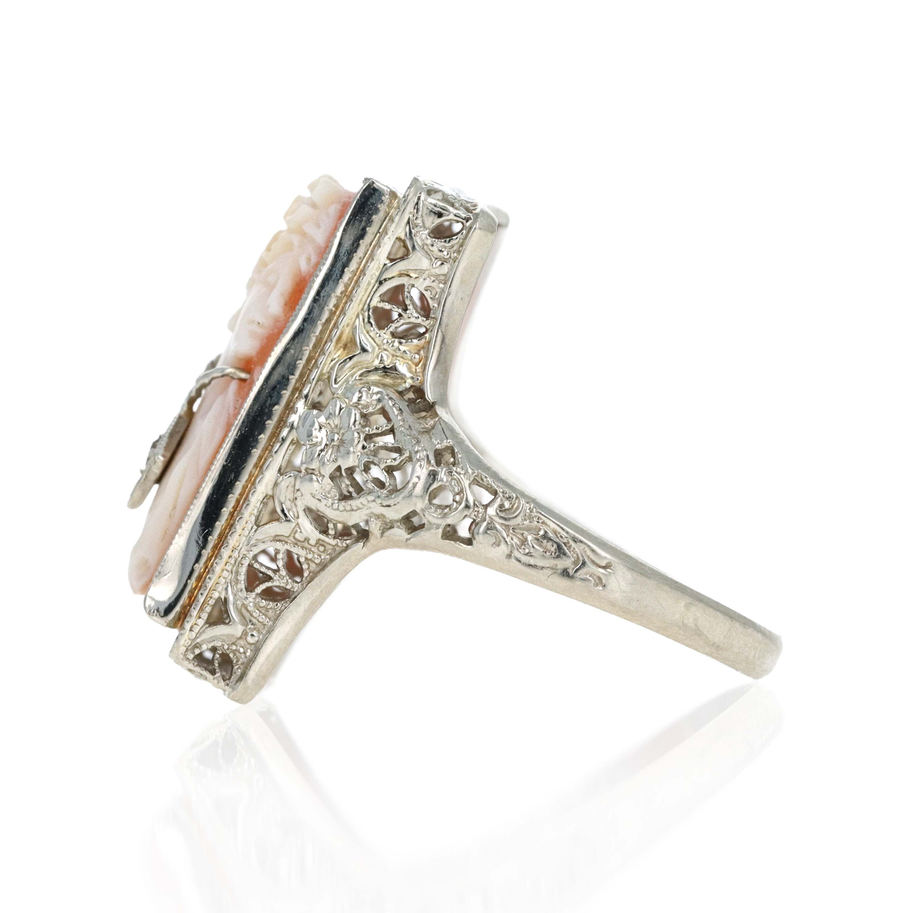 Art Deco 14K White Gold 0.015 Carat Diamond Cameo Engraved Filigree Ring